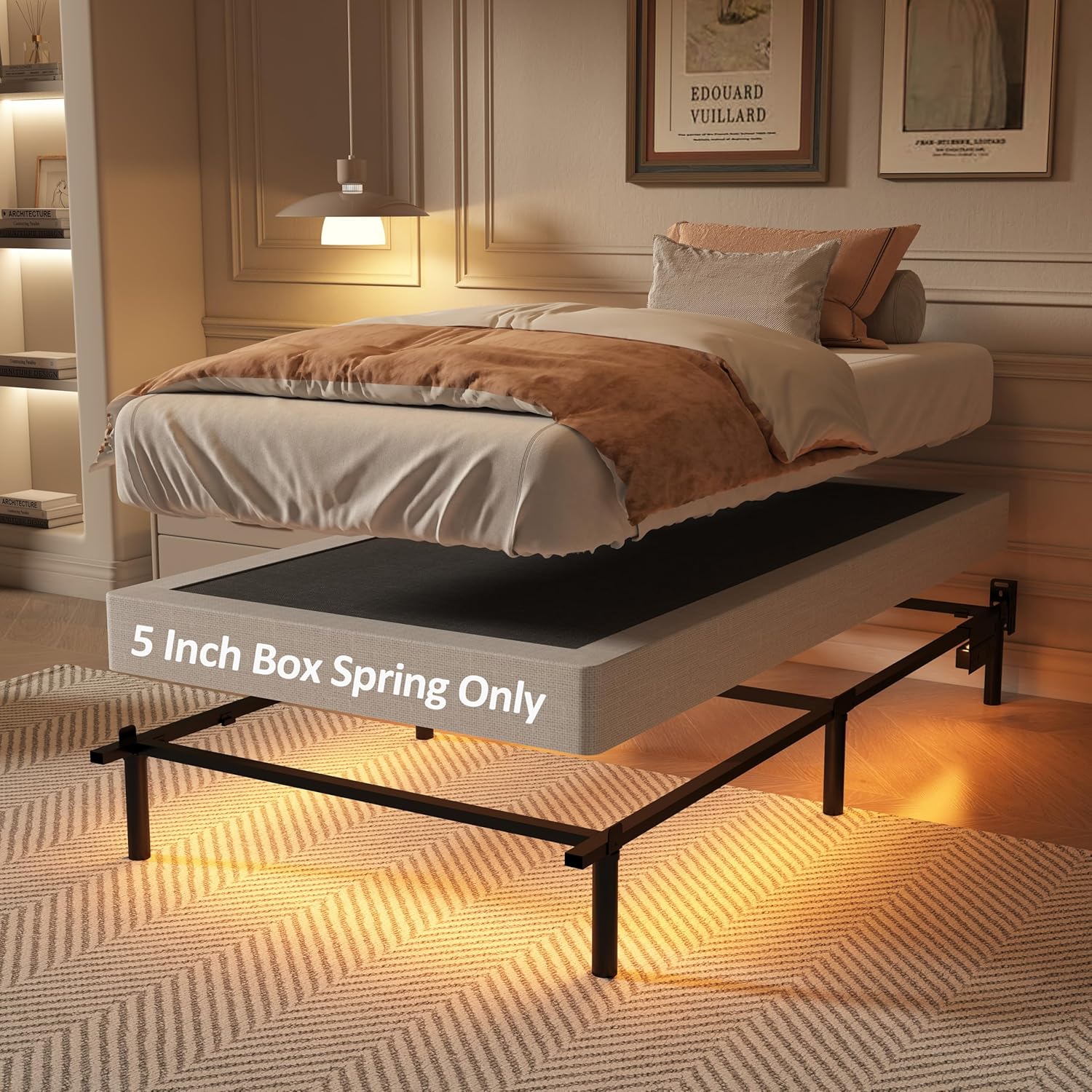 5 Inch Box Spring, Twin Size Box Springs with Fabric Cover, Heavy Duty Metal Low-Profile Foundations Easy Assembly 3000 lbs Capacity
