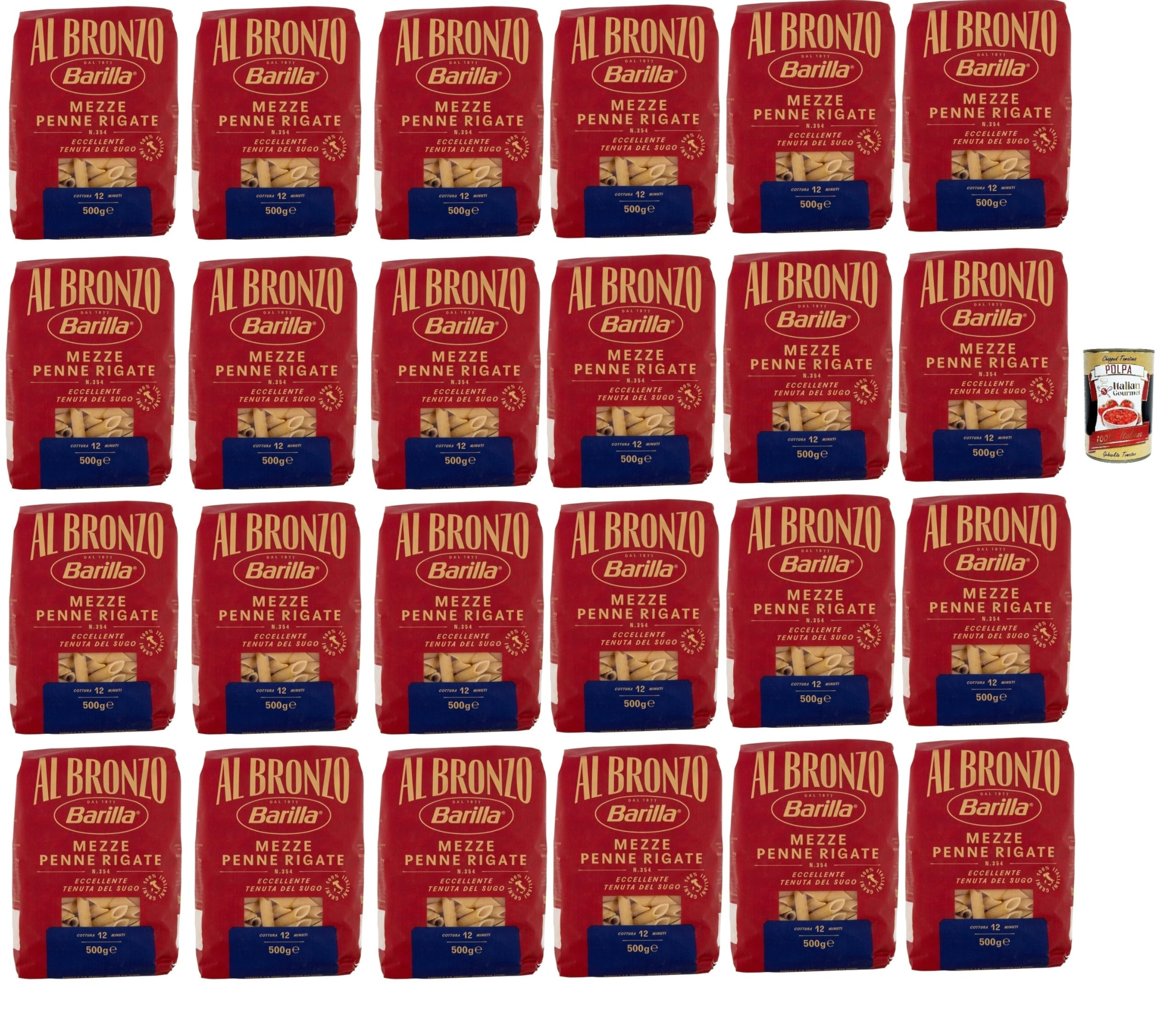 Italian Gourmet Mezze Penne Rigate Al Bronzo pasta semola ruvida 24 x 500g