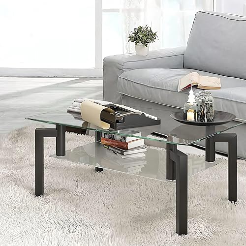 Miniatura 7 de Mesa de centro rectangular de vidrio templado, mesas de centro de vidrio con patas de metal para sala de estar, mesa de té de extremo de 2 niveles