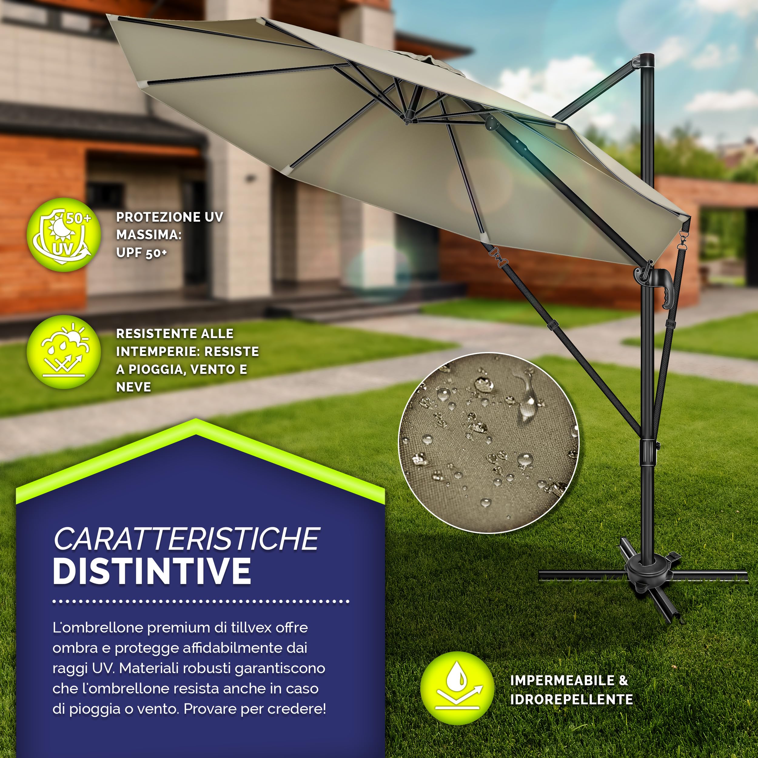 tillvex® Premium ombrellone da giardino 330 cm + copertura e protezione dal vento | Ombrellone a sbalzo regolabile a 7 pieghe con manovella | Ombrellone in alluminio girevole a 360° inclinabile