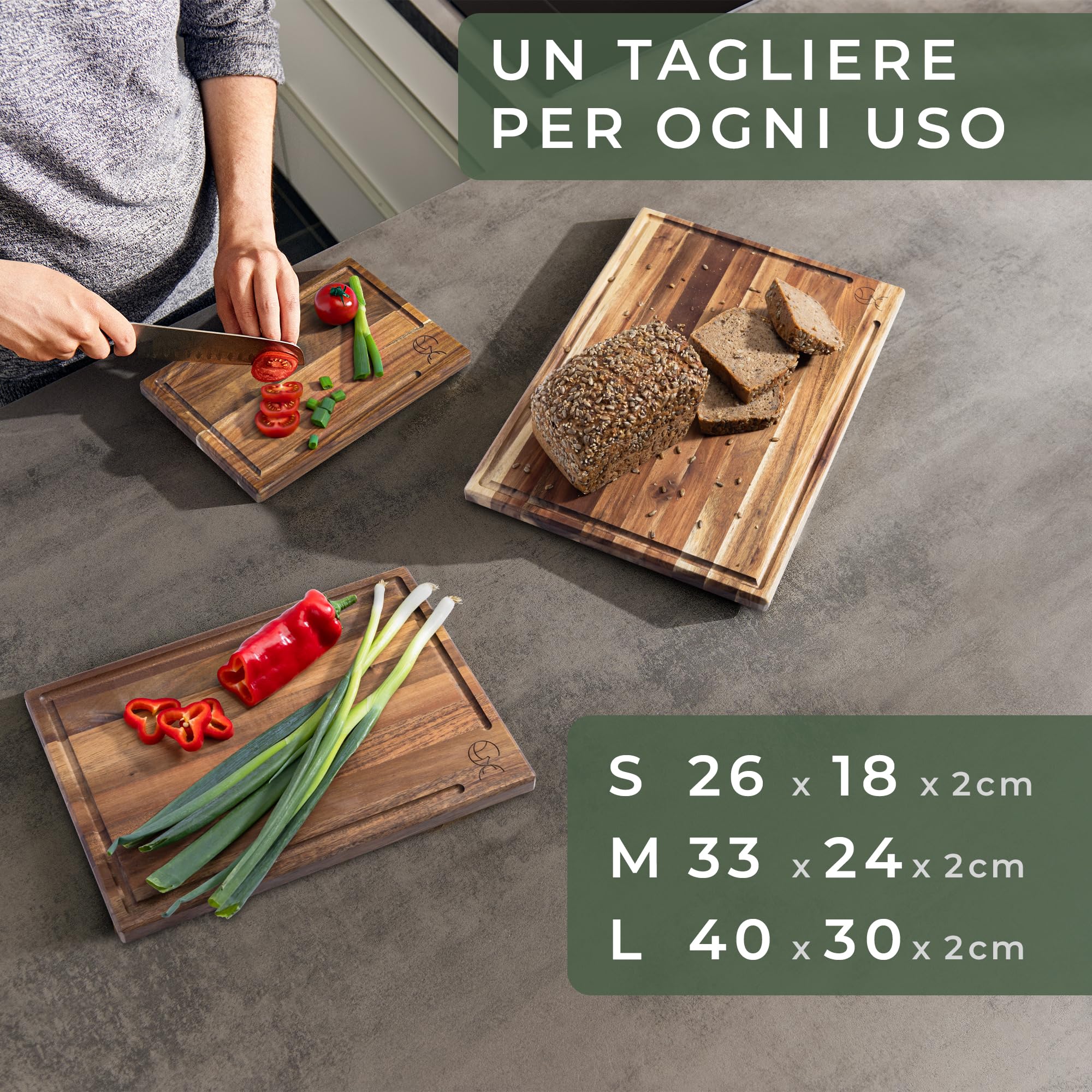 WALDWERK Set di 3 taglieri (40x30 / 33x24 / 26x18 cm) in massiccio legno di acacia - Tagliere da cucina con supporto - Taglieri legno spessi 2 cm con canalina per il succo