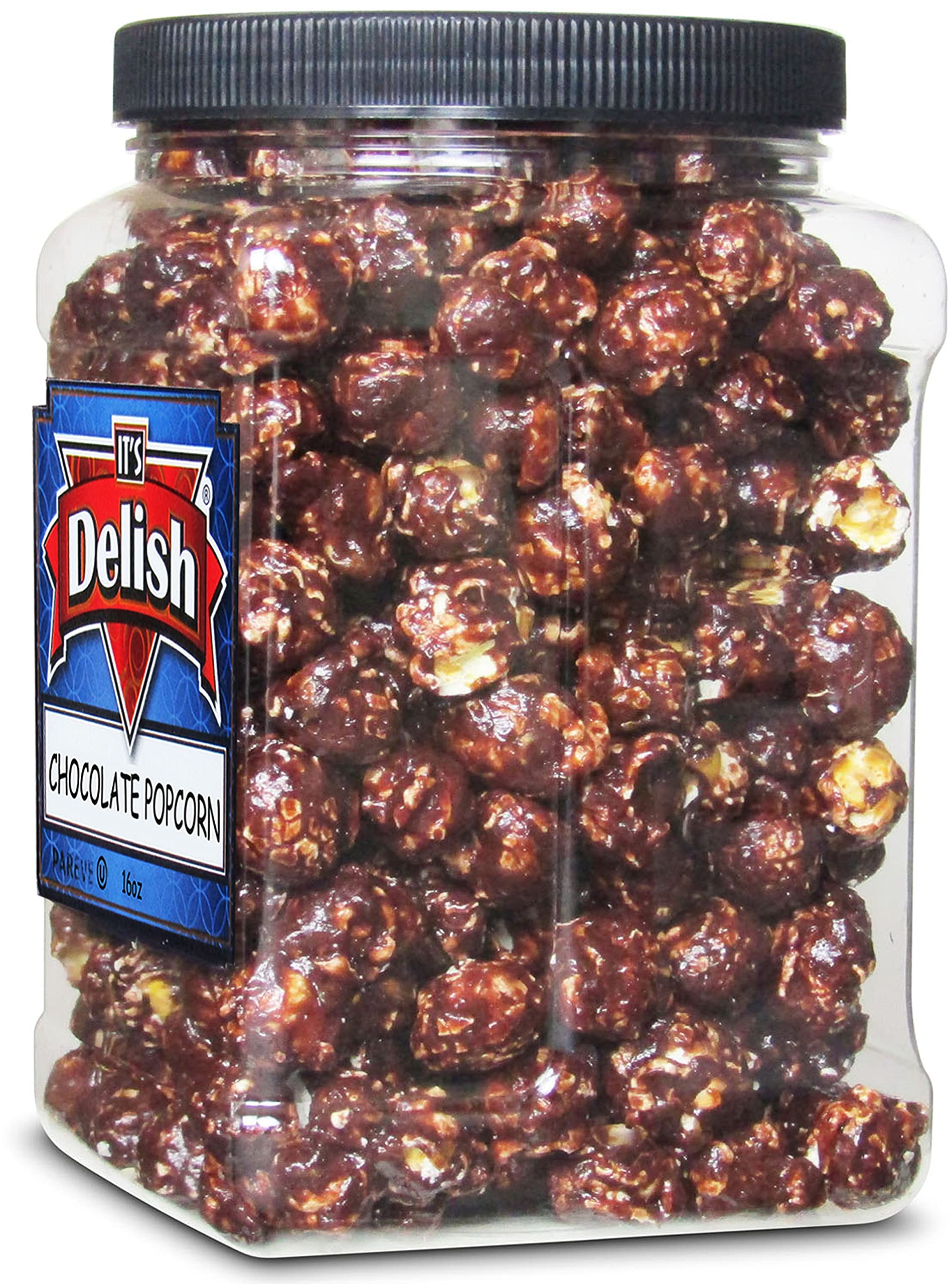 Its Delish Gourmet Schokoladen-Popcorn Jumbo-Behälter, 473 ml, festlicher Karamell-Mais, luftgepresst, süßer und knuspriger glasierter Karmel-Mais-Snack, Filmabend, Partys, Events – glutenfrei, vegan,