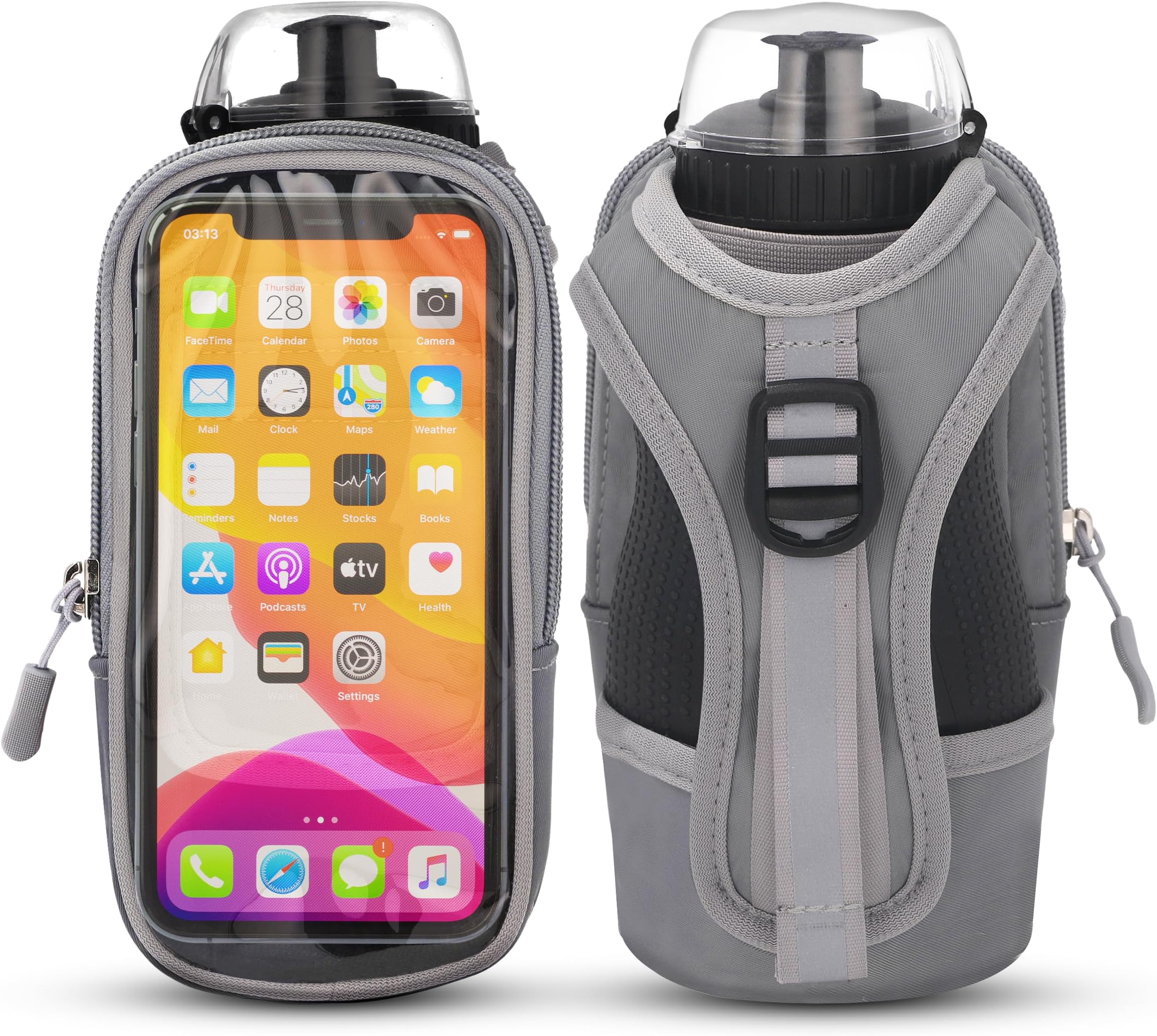 Handheld Running Water Bottle (17oz) | Water Bottle Phone Holder | Secure Seal & Non-Slip Rubber Grip | Phone Holder for Running | Hydration Bottle | Running Water Bottle Hand