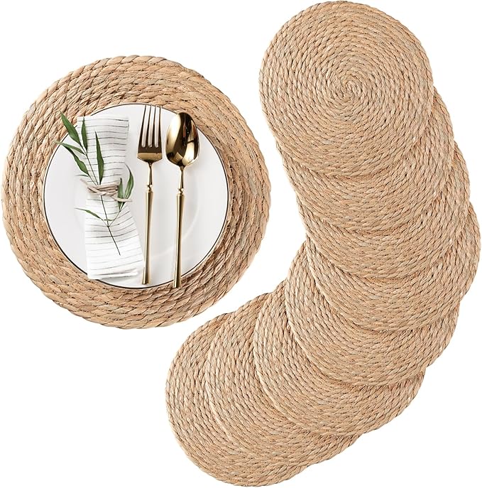 Round Woven Placemats Set of 10, Natural Water Hyacinth Place mats, 13 inch Rattan Placemat Wicker Placemats Farmhouse Boho Braided Heat Resistant Outdoor Placemat Patio Table Place Mat