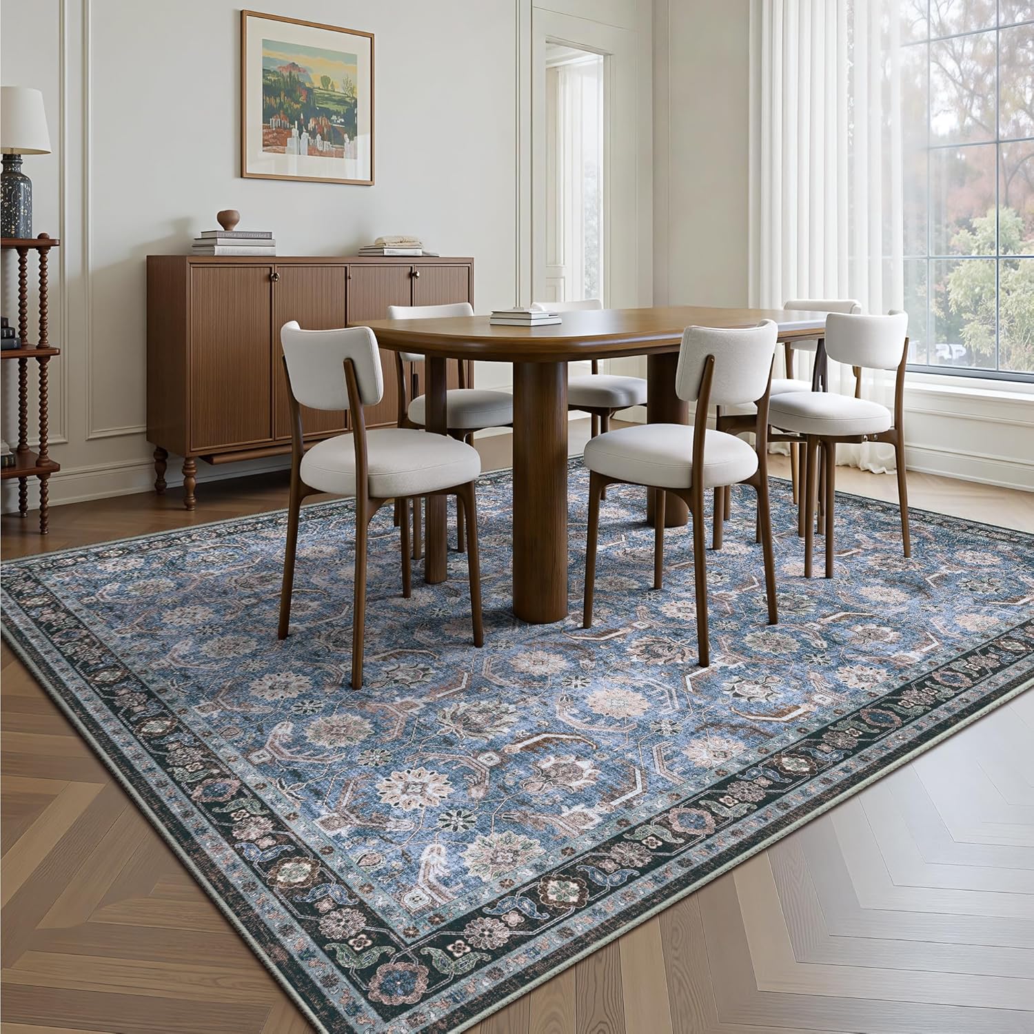 5x7 Area Rugs, Soft Non Slip Low Pile Washable Rug, Boho Modern Rug for Living Room, Bedroom, Dining Room, Blue