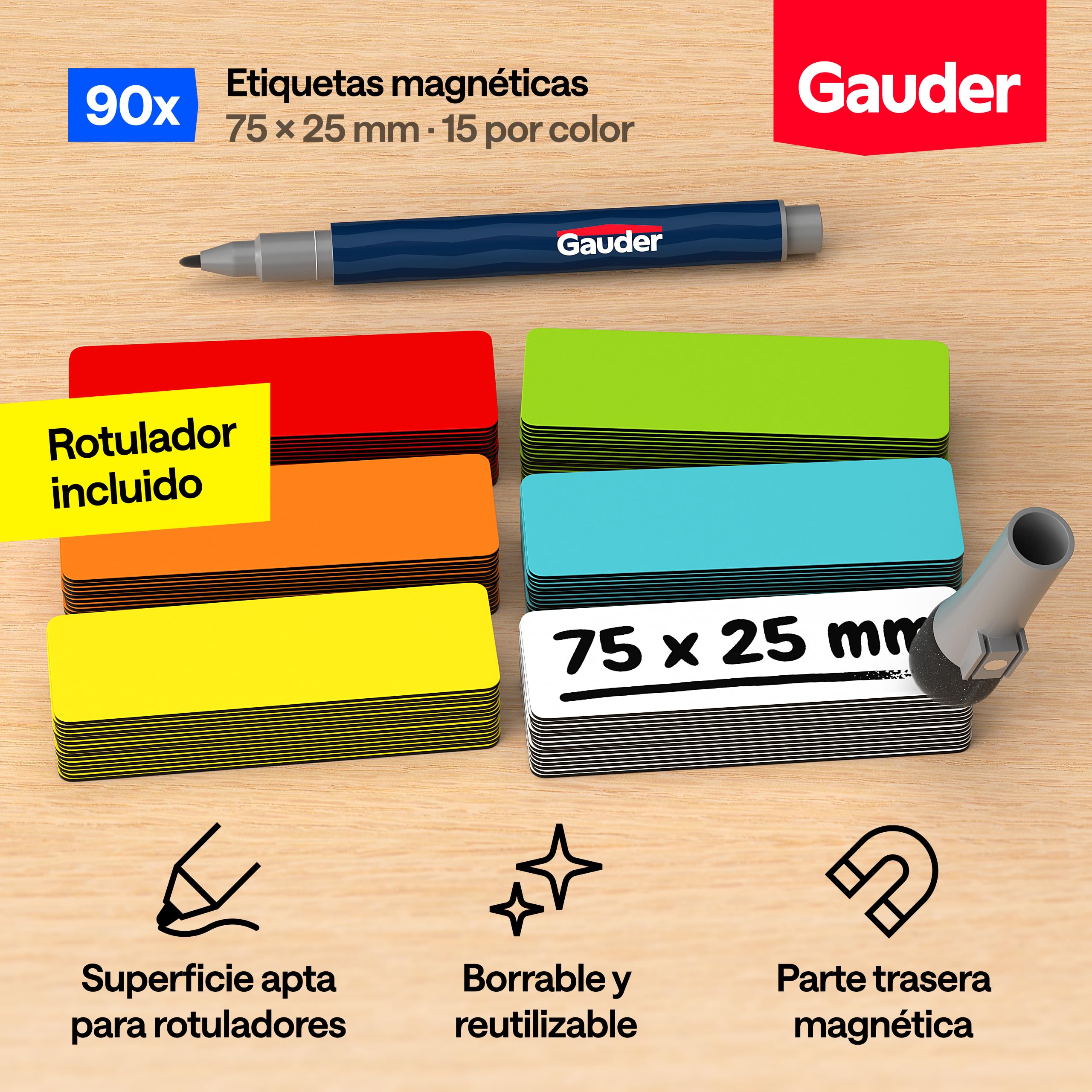 GAUDER Etiquetas Magnéticas Reutilizables 90 Unidades 75 x 25 mm Imanes para Escribir Pizarra Blanca