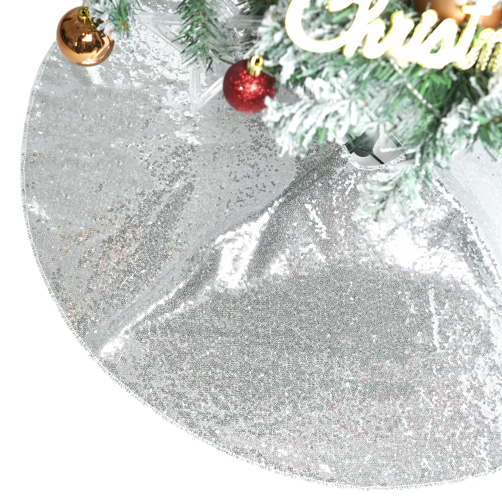 Jupe de sapin paillettes argentée pour cacher le pied d'un grand sapin