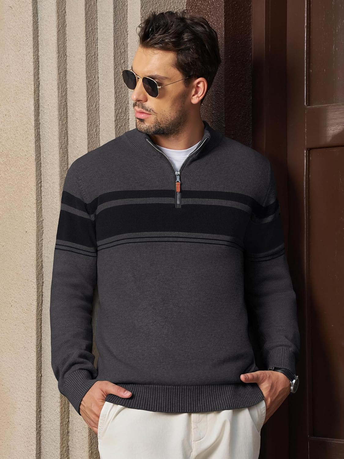 MAGNIVIT Men's Sweater Quarter Zip Striped Pullover Fall Winter Spring Color Block Polo Sweatshirts - Image 2