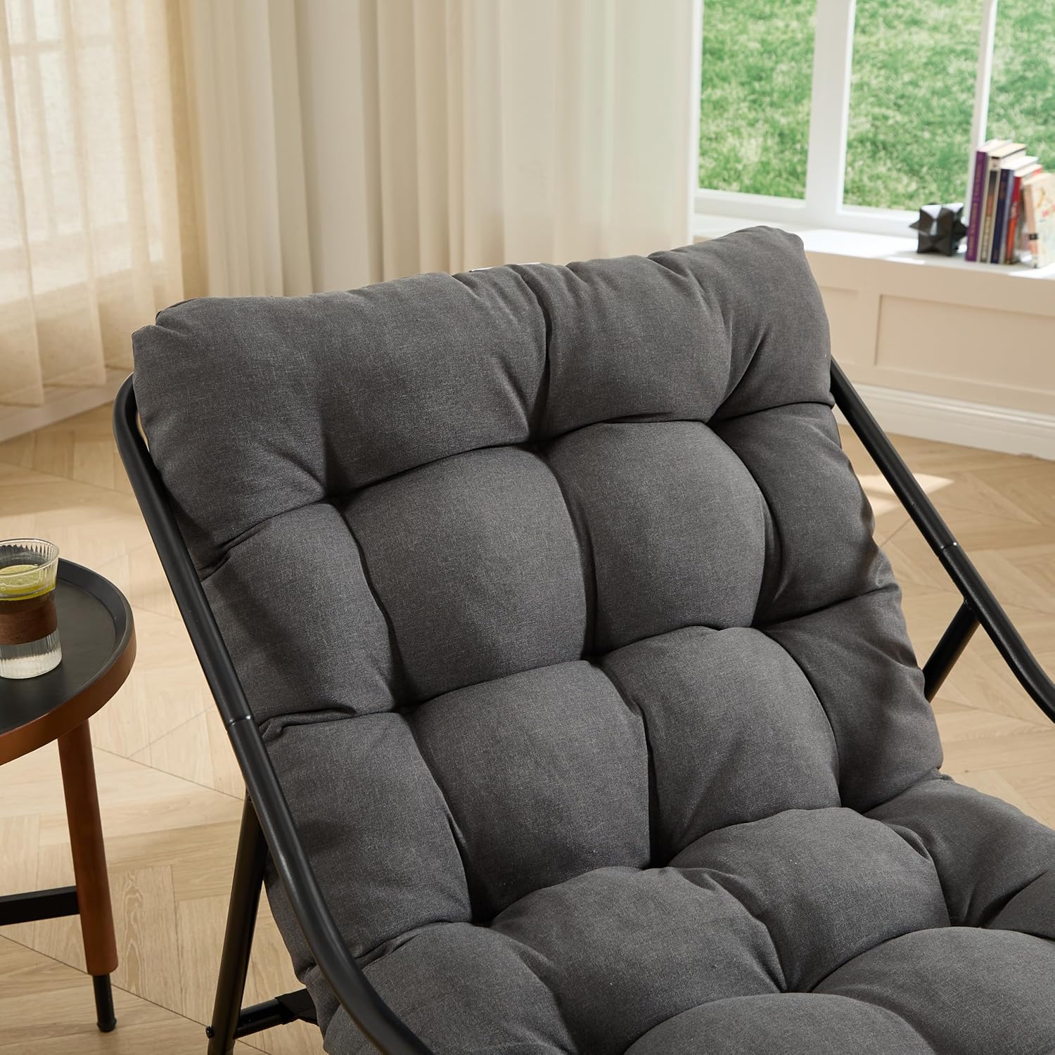 KEIKI Oversized Papasan Rocking Chair with Thick Quilted Polyester Cushion, Ergonomic Lounge Rocker with Metal Frame & Anti-Slip Feet, Indoor Outdoor Patio Chair for Porch, Balcony, Living Room, Gray