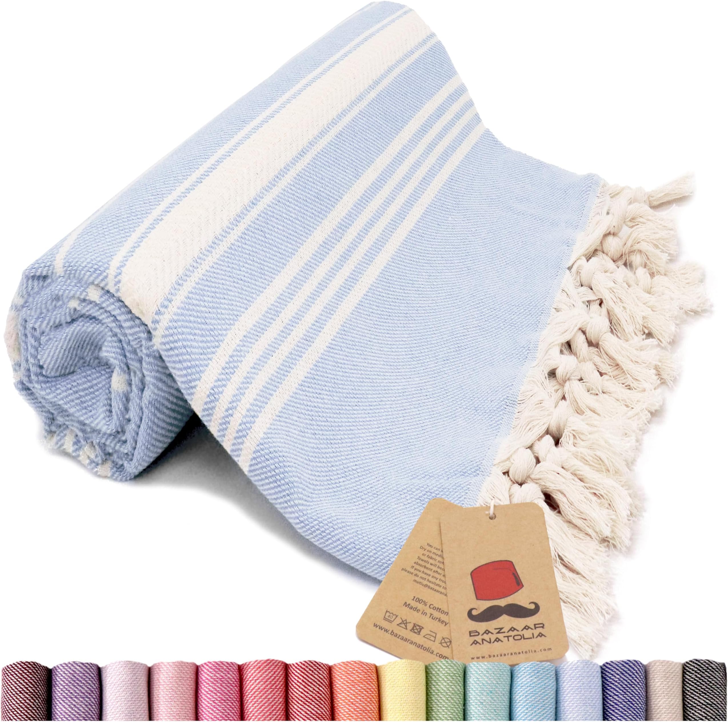 Bazaar Anatolia Stripe Turkish Towel 100% Cotton Peshtemal Bath Towel 75x38 Thin Lightweight Travel Camping Bath Sauna Beach Gym Pool Blanket Fouta Quick Dry Towels (Blue)