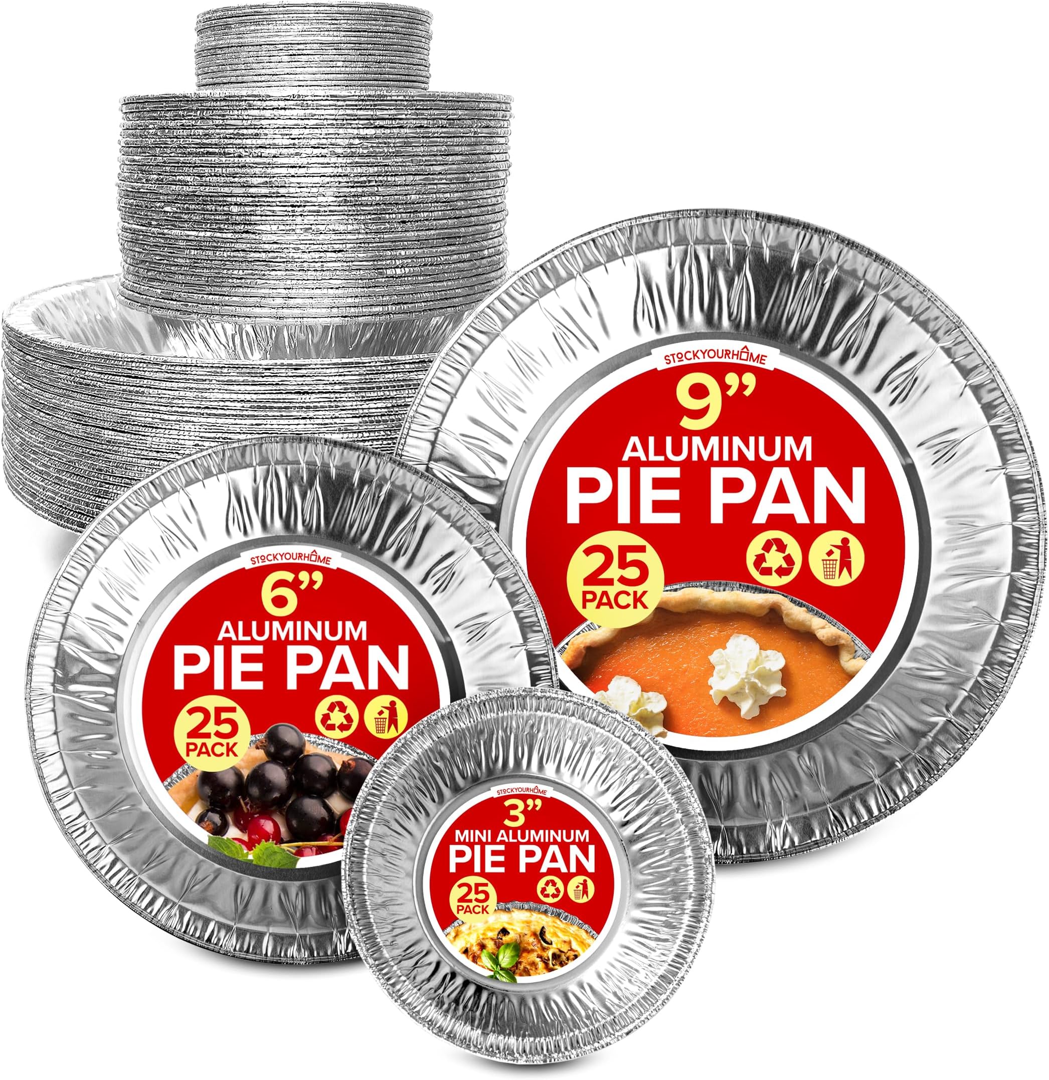 Stock Your Home Disposable Aluminum Foil Pie Pans Set (75 PCS) Heavy Duty Baking Pans (25) 9”, (25) 6”, (25) 3” Inch Cooking, Heating, Food Prep, Holiday Dinner Meals