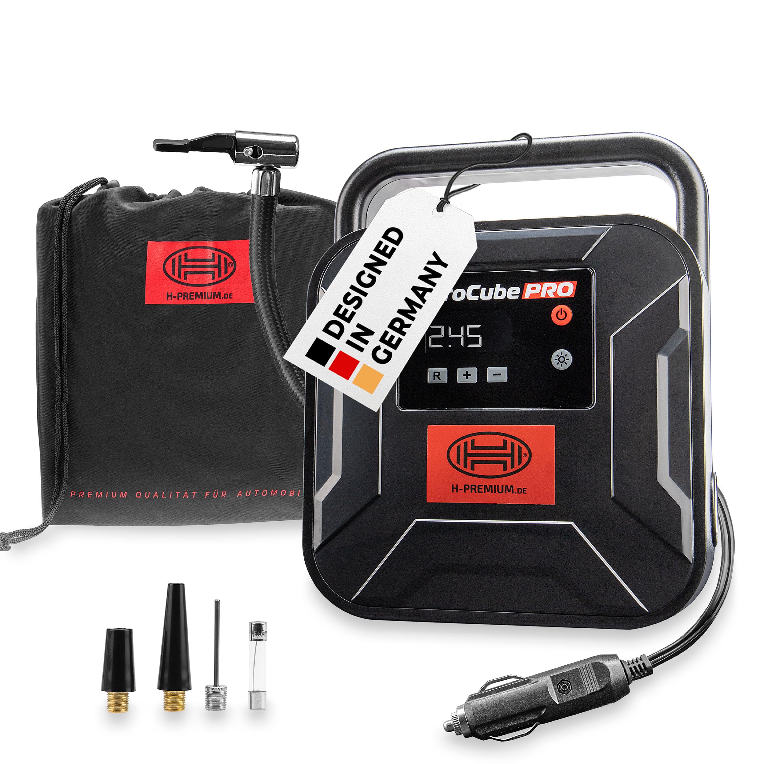 HEYNER® Compressore mini I, borsa I 12 V/120 W, aria compressa 10 bar/150 PSI, manometro digitale, illuminazione a LED, pompa ad aria elettrica, compressore portatile, 10 bar, accendisigari
