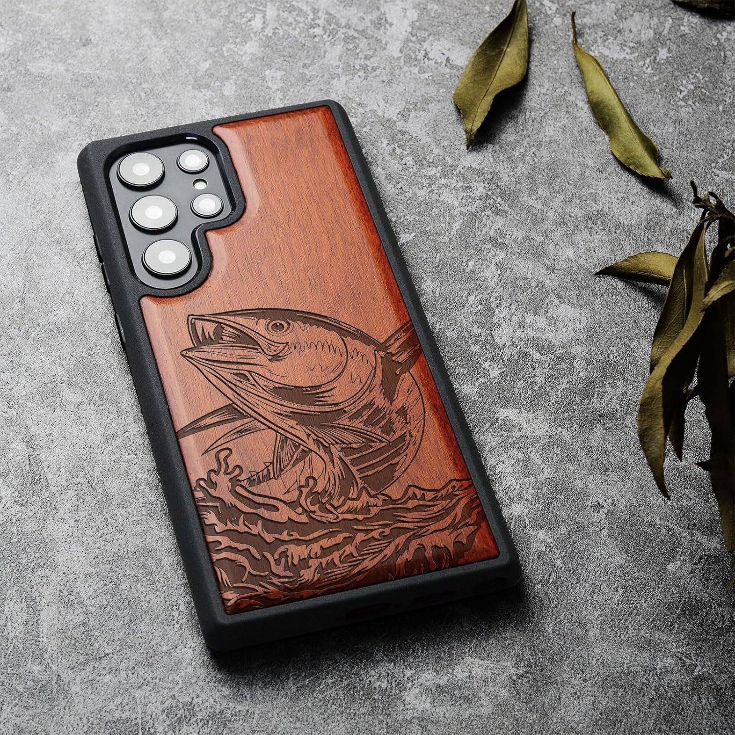 Carveit Wood Case for Galaxy S23 Ultra Case [Natural Wood & Black Soft TPU] Shockproof Protective Cover Unique & Classy Wooden Design Compatible with Samsung S23 Ultra (The Tuna's Soar-Rosy)