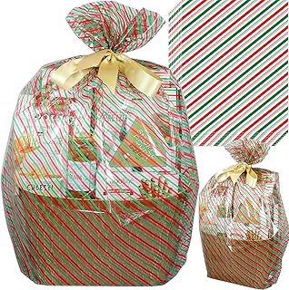 AnapoliZ Christmas Cellophane Wrap Bags | 10 Pcs X-Large 24" X 30" | 2.5 Mil Thick Red & Green Bags for Baskets | Gifts Wrapping | Candy Cane Stripes