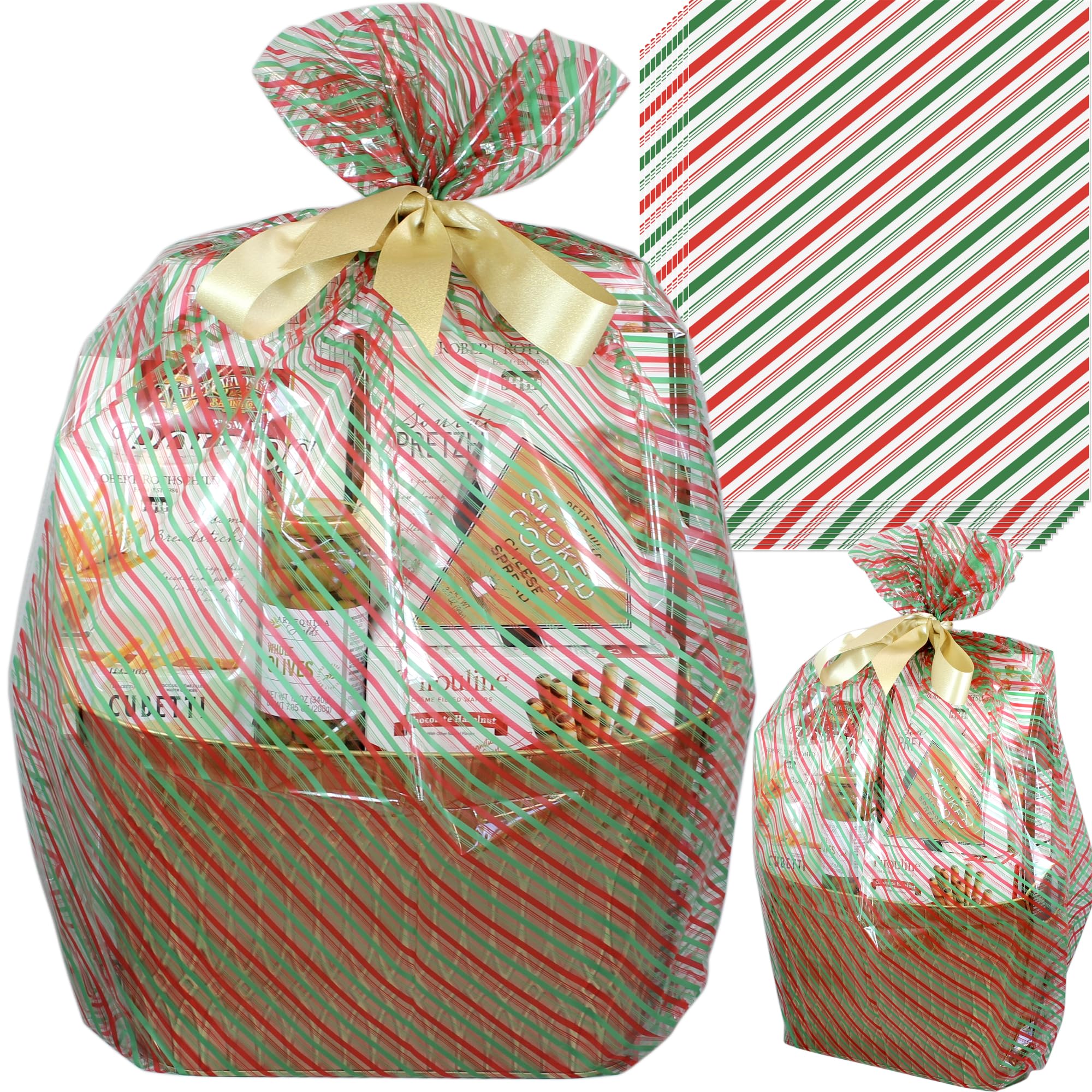 AnapoliZ Christmas Cellophane Wrap Bags | 10 Pcs X-Large 24" X 30" | 2.5 Mil Thick Red & Green Bags for Baskets | Gifts Wrapping | Candy Cane Stripes