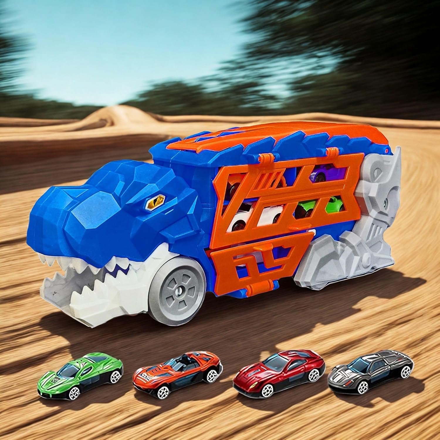 Dino Transporter Truck Toy with 4 Cars – Dinosaur Head Launcher & Extendable Race Track, Storage Carry Case for Kids, Toddlers, Boys & Girls Ages 3+