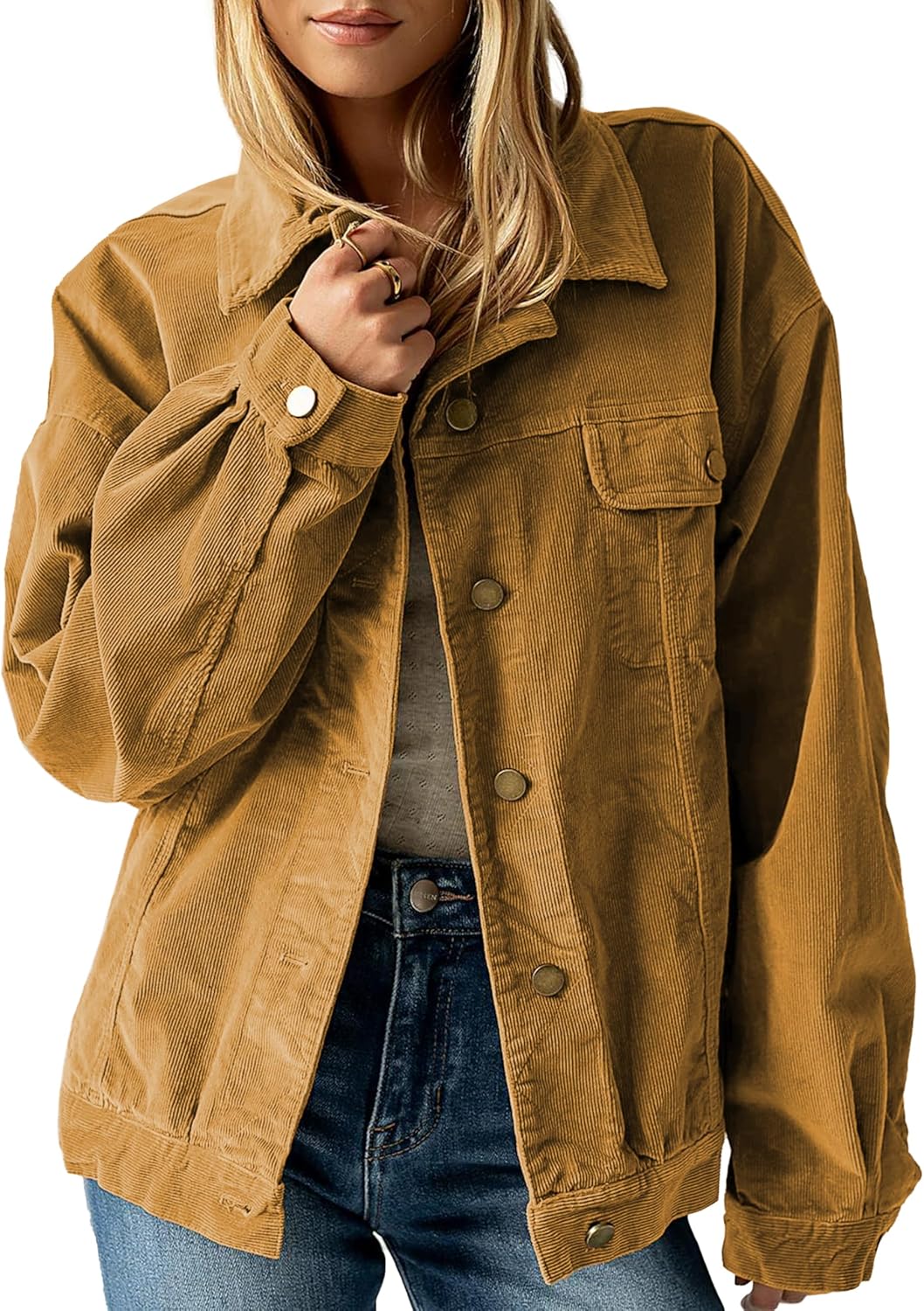 Women's Corduroy Shacket Oversized Jacket Vintage Button Down Shirt Jacket with Chest Pockets Fall Winter Layering - Image 2