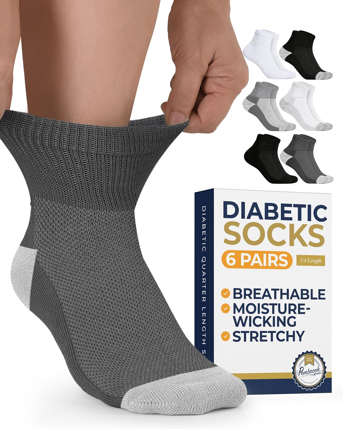 Pembrook Ankle Diabetic Socks for Women & Men | 6 Pairs | Wide Non Binding Socks Quarter Length | Edema Neuropathy Socks