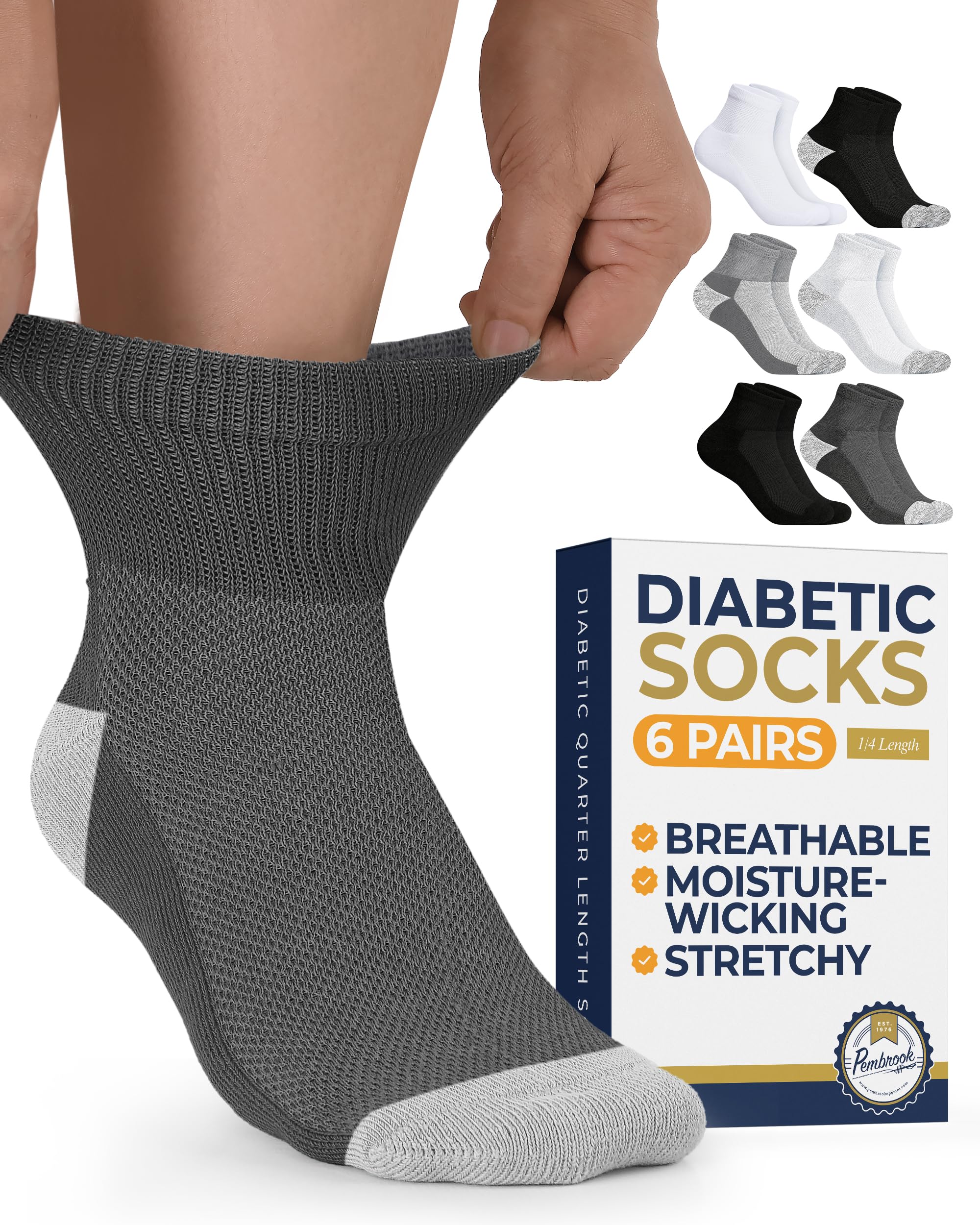 Pembrook® Ankle Diabetic Socks for Women &amp; Men, Non Binding Socks - 6 Pairs