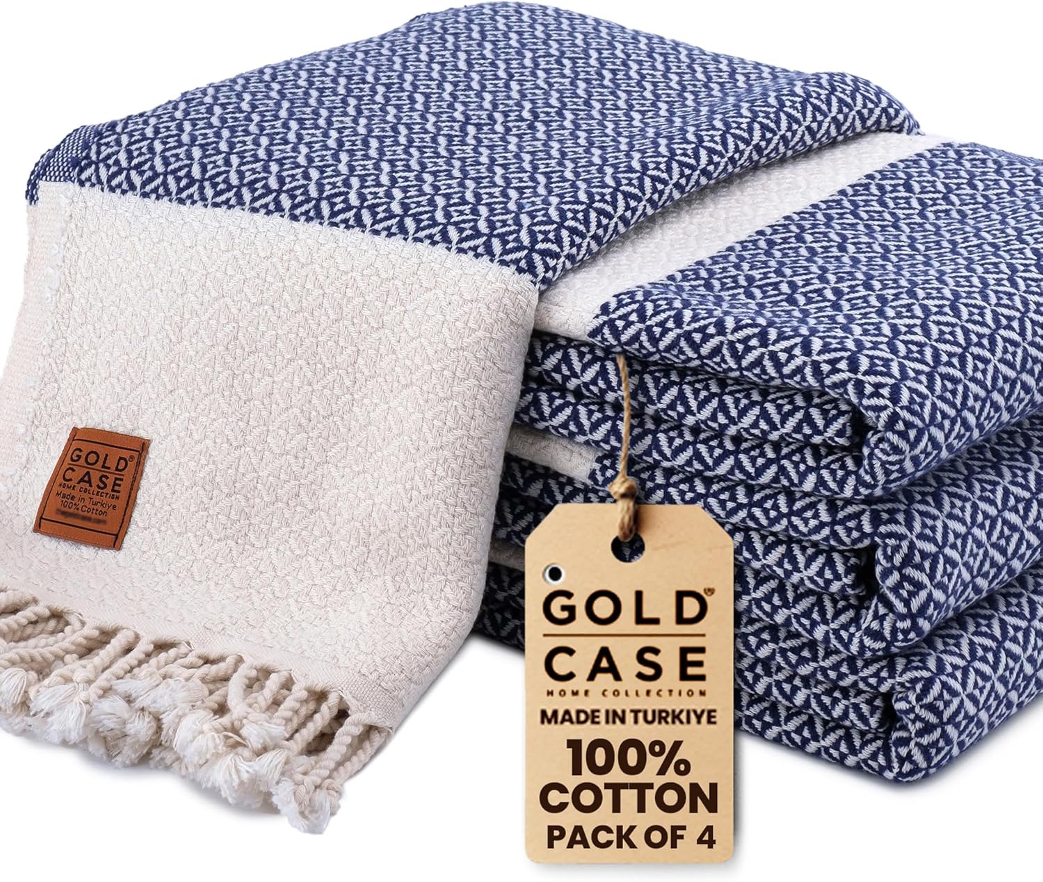 Gold CASE Turkish Beach Towel Set of 4 – 100% Cotton Large Turkish Bath Towels 67 x 38'' – Aphrodite Extra Large, Quick Dry & Sand Free Towels – Peshtemal for Pool – Navy Blue