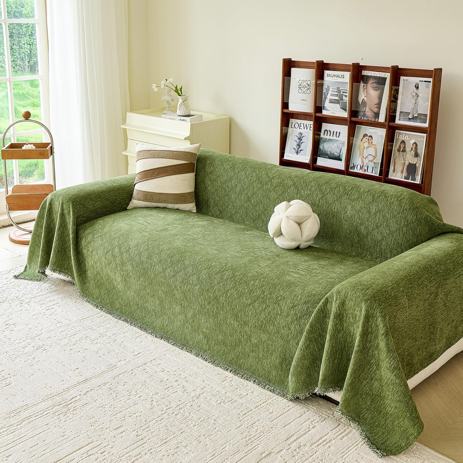 VANJOROY Green Oversized Couch Sofa Cover for 3-4 Cushion Sectional Sofa L-Shape -Washable Chenille Couch Cover for Dogs Pets, Boho Couch Cover Protector Soft Sofa Slipcovers with Tassel,91"x 150"