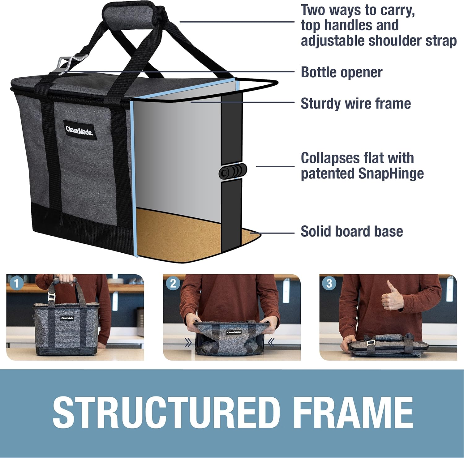 CleverMade Collapsible Cooler Bag with Shoulder Strap: Insulated Leakproof 30 Can Portable Soft Beverage Tote with Bottle Opener for Camping, Lunch, Beach, Picnic; Grey/Charcoal : Sports & Outdoors