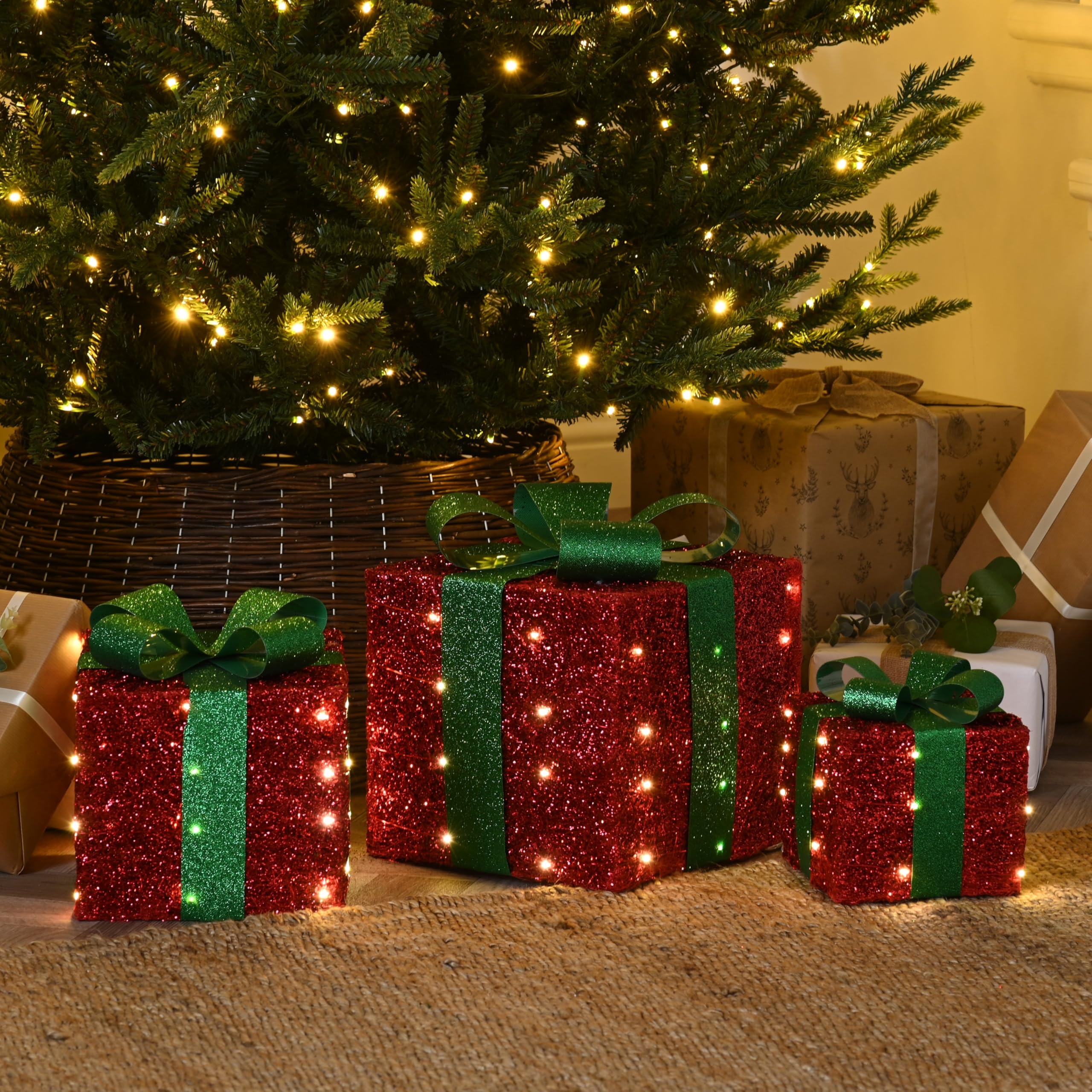 Festive Lights 30cm LED Set Rot Weihnachtsfigur beleuchtet Warmweiß 3D Grün Batterie Timer Geschenk Set Fensterdeko Weihnachten Stehend