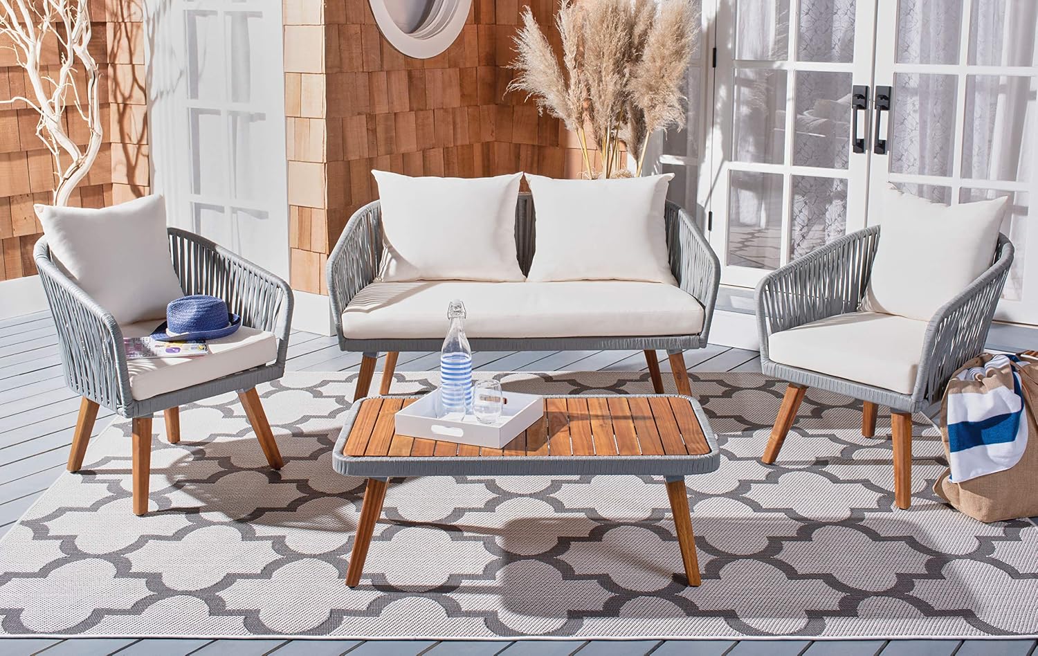 SAFAVIEH Outdoor Collection Ransin Grey/Beige/Natural Solid Wood 4-Piece Conversation Patio Set