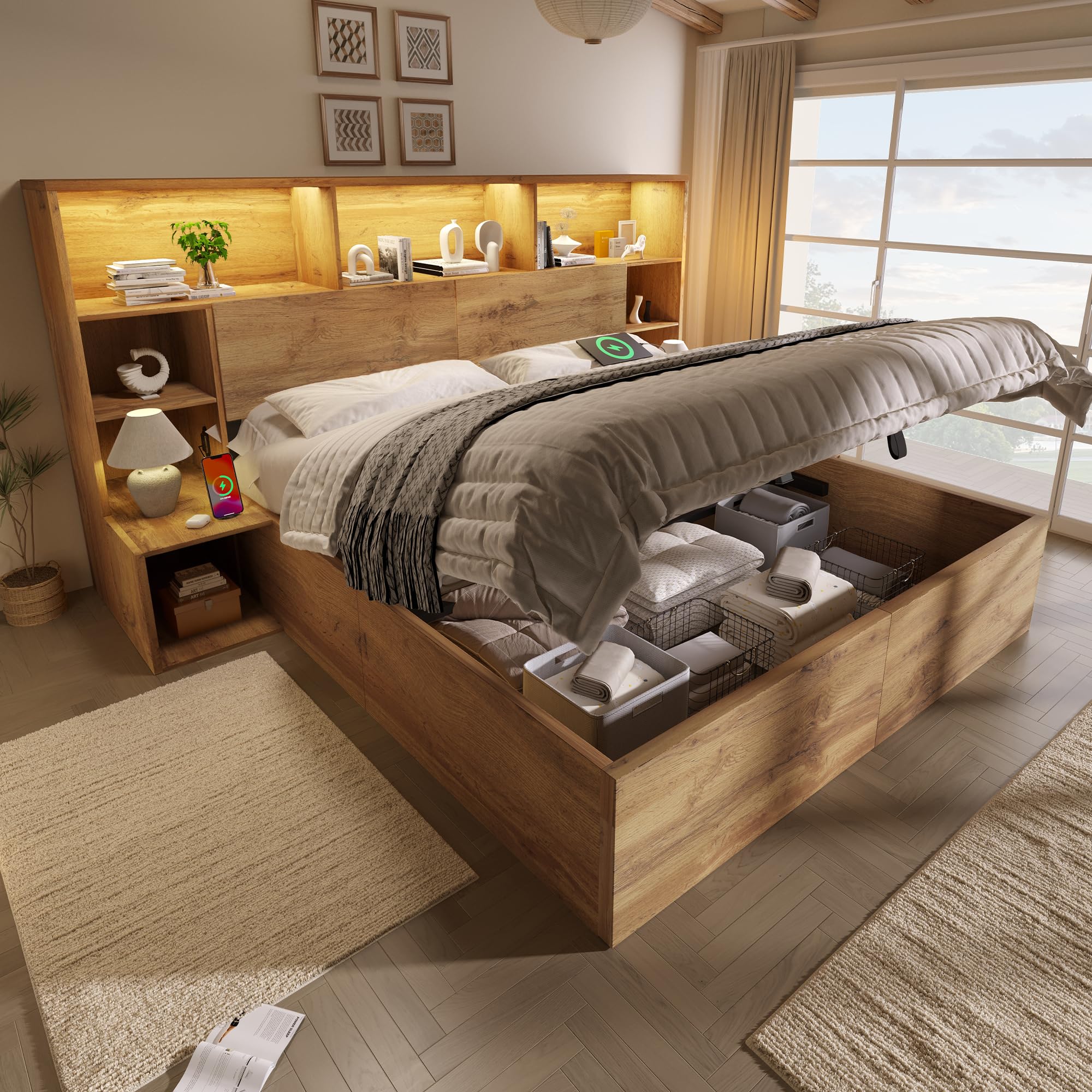 Kebnor Letto di sistema, effetto rovere con idraulico, letto matrimoniale in legno con comodini integrati, struttura del letto con rete a doghe e testiera, LED & USB-C, senza materasso (160 x 200 cm)