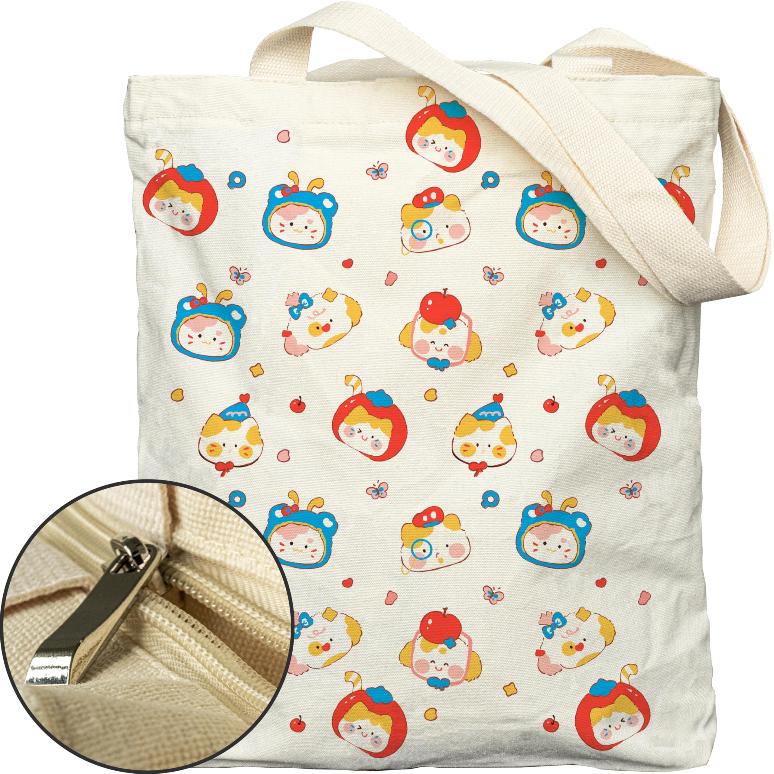 EFFUSON Tote Bag for Women, Large Two Sided Printing Tote Bags with Zipper, Cute Aesthetic Floral Canvas Tote with Pocket, 21-furryfriends, One Size