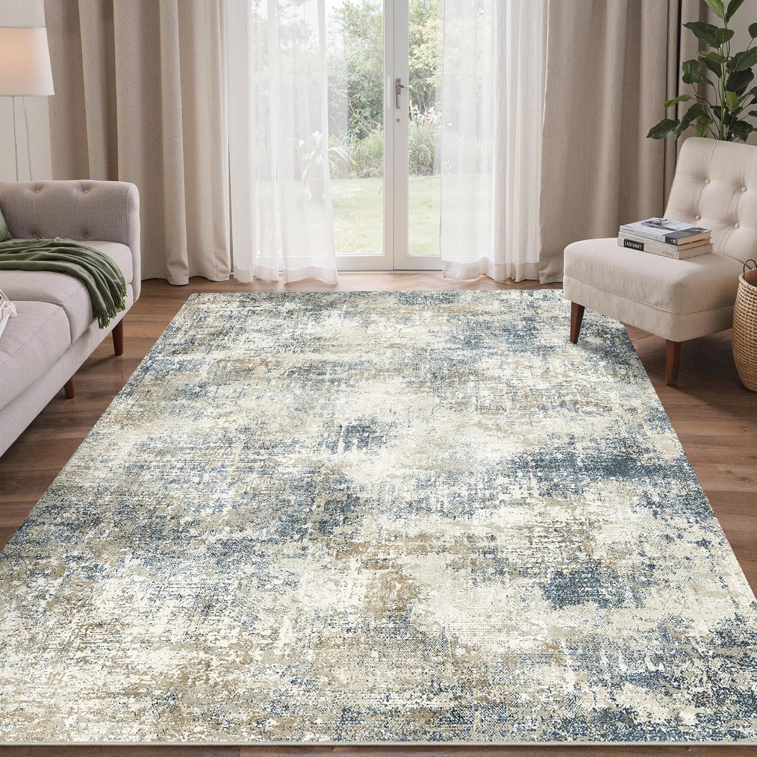 bavni 6x9 area rugs machine washable rug for living room, modern printed rug indoor soft area rug for bedroom dining room, ultra-thin low pile carpet with non slip rubber backing, gray beige blue abstract blue gray 6' x 9' (rectangular)