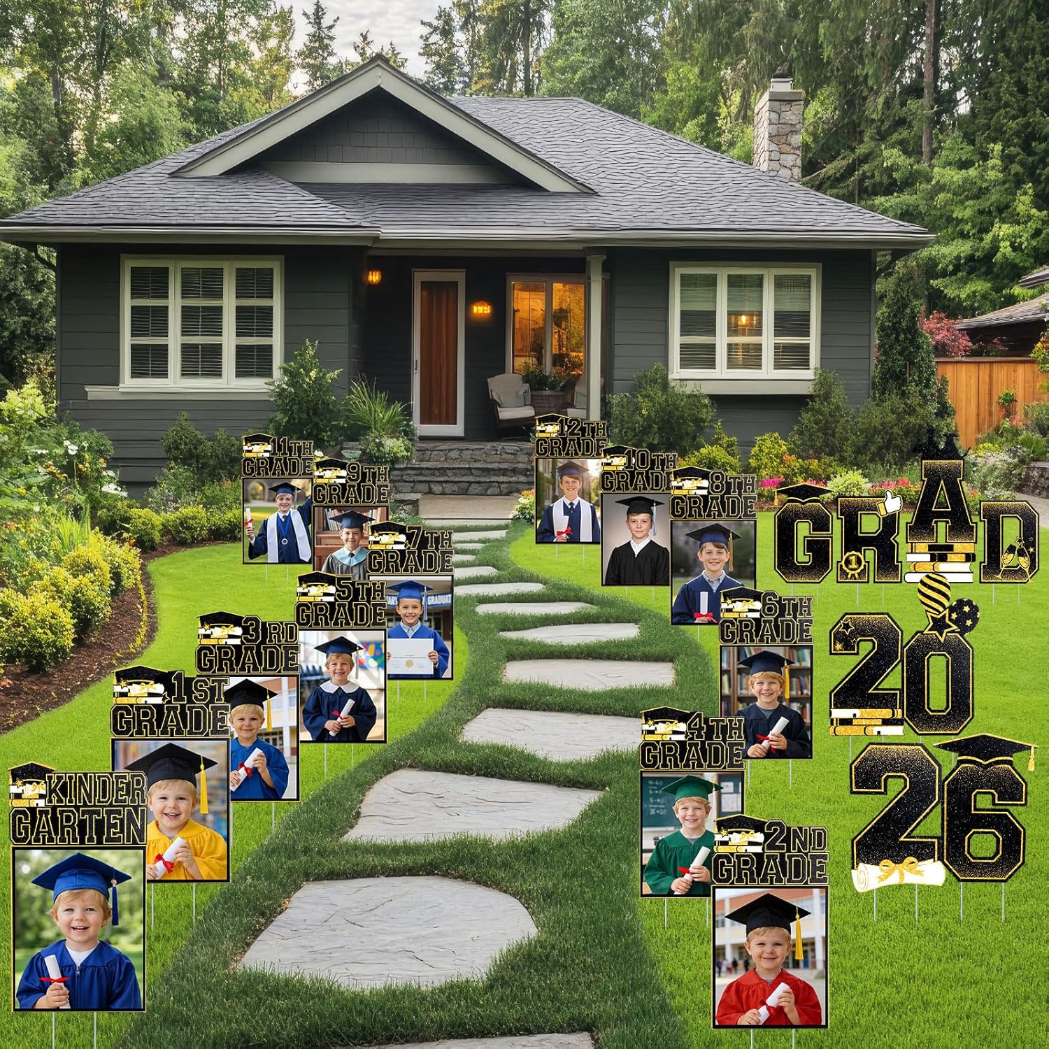 Amyhill 21 Pcs 2026 Grad K-12 Graduation Photo Yard Signs with Stakes Class of 2026 Yard Decorations for Kindergarten High School Middle School Photo Lawn Sign Grad Party Supplies(Black)