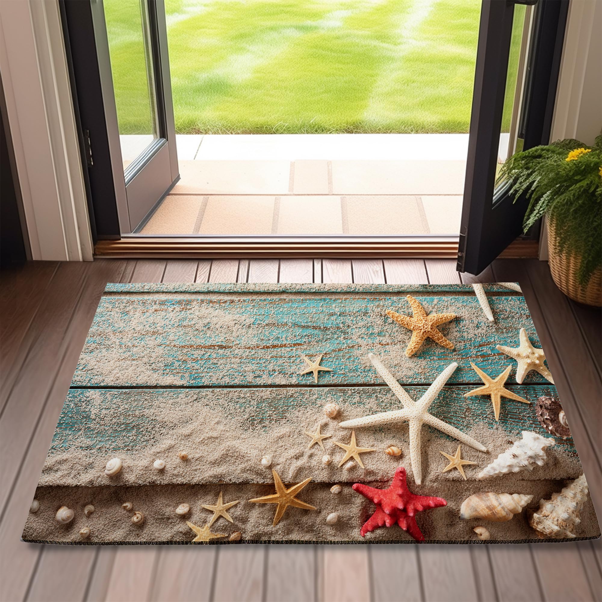 Door Mat,Beach Seashell Starfish Front Doormats 17''x30'',Blue Wooden Indoor Outdoor Entrance Welcome Mat,Low-Profile Floor Rugs for Entry Patio