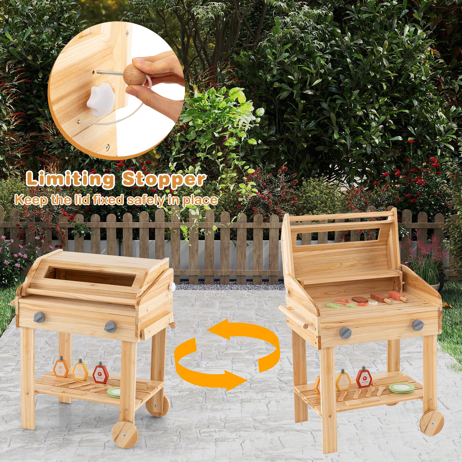 HOMASIS Cuisine de jouet d'extérieur pour barbecue avec ustensiles de barbecue et pots d'épices, ensemble d'imitation de cuisine pour enfants de 3 ans et plus, 53 x 36 x 63 cm, naturel