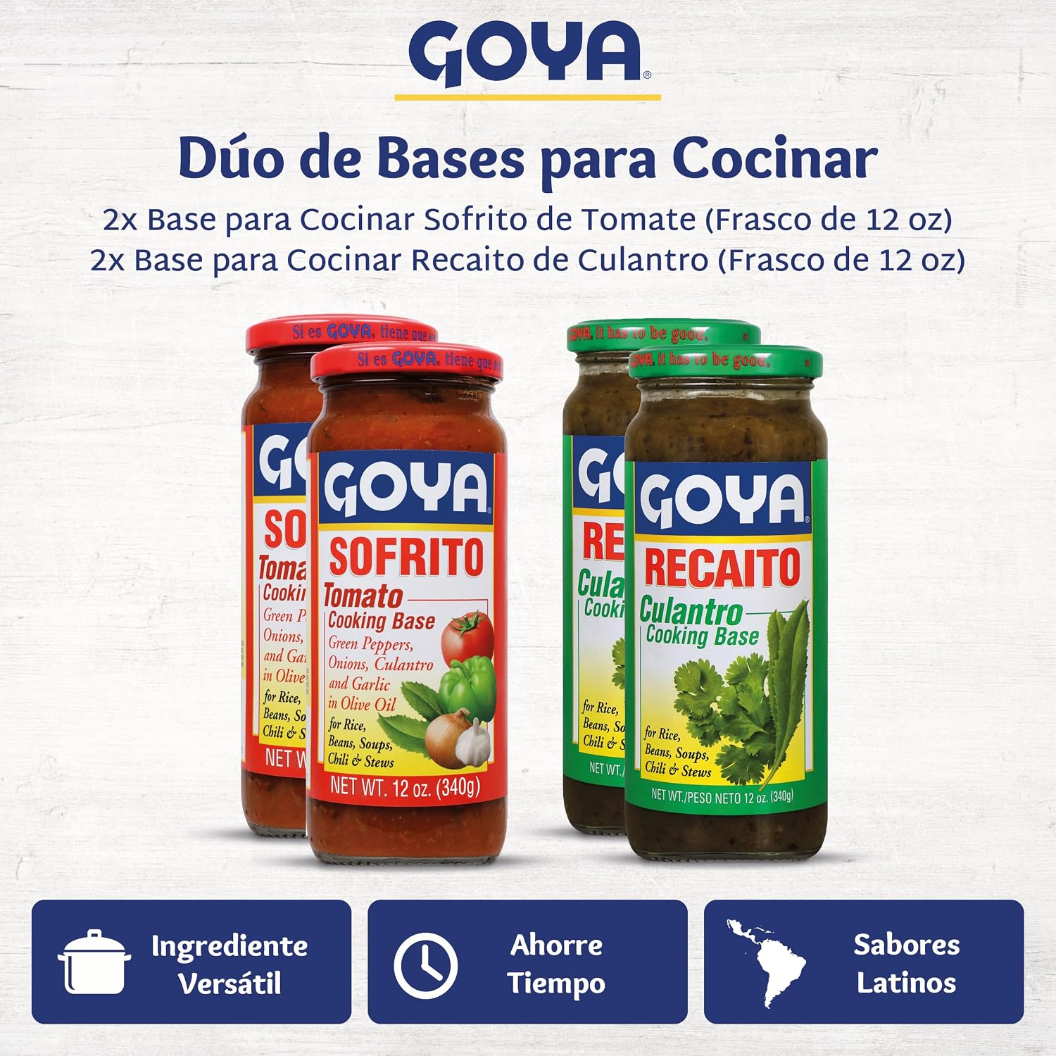Goya Sofrito Tomato Cooking Base & Recaito Culantro Cooking Base Duo (2 of Each), Sofrito Paste, Latino Cooking Bases with Peppers, Onions & Garlic, 12 oz Jars (Pack of 4)