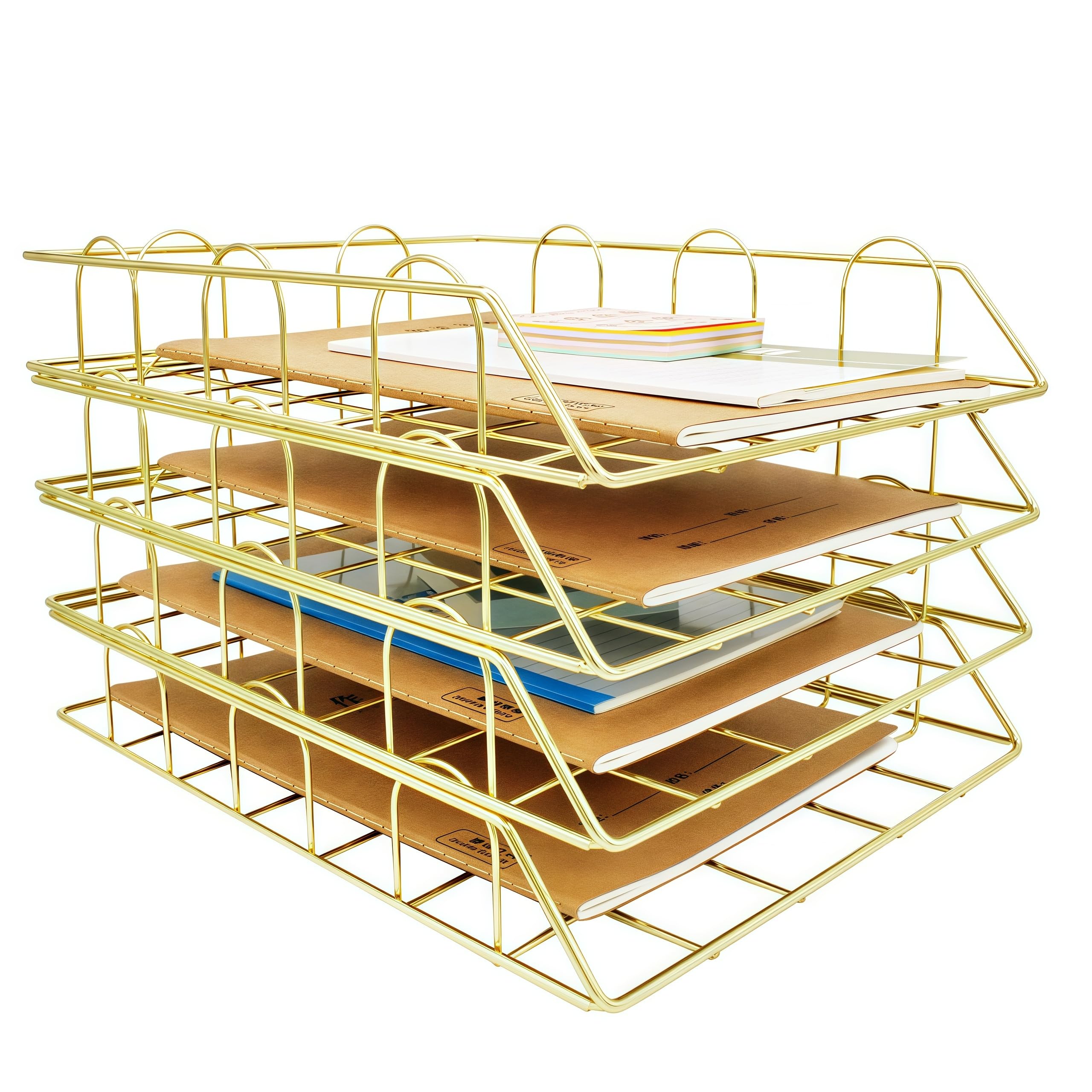 JIARI Lot de 4 bacs à courrier empilables en métal pour rangement de papier A4, fournitures de bureau (doré)