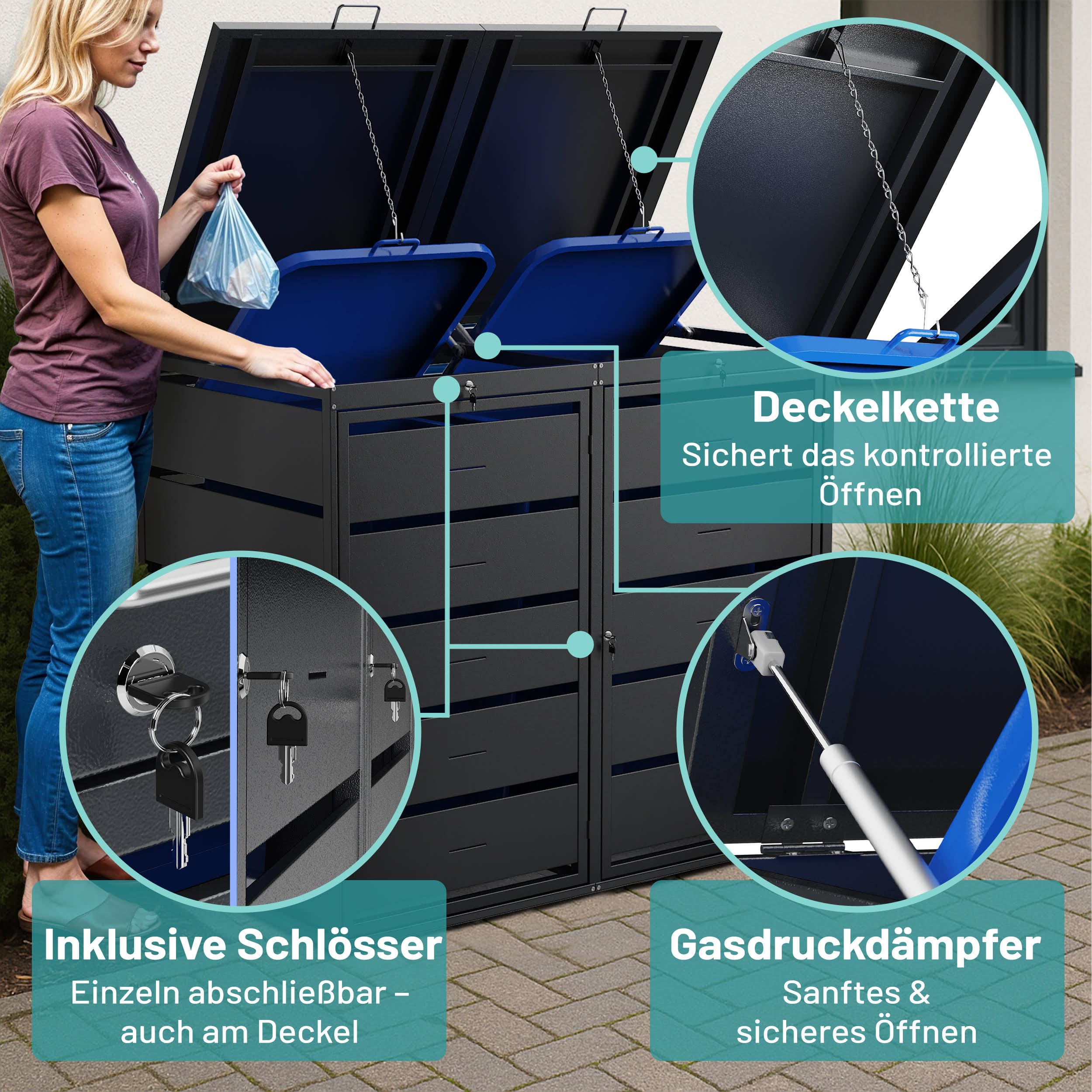 Mülltonnenbox 2X 240L Mülltonnen verzinkter pulverbeschichteter Stahl 4 Türen & 2 Deckel abschließbar mit Gasdruckfedern & Geräuschdämpfer Lüftungsschlitze Anthrazit RAL 7016