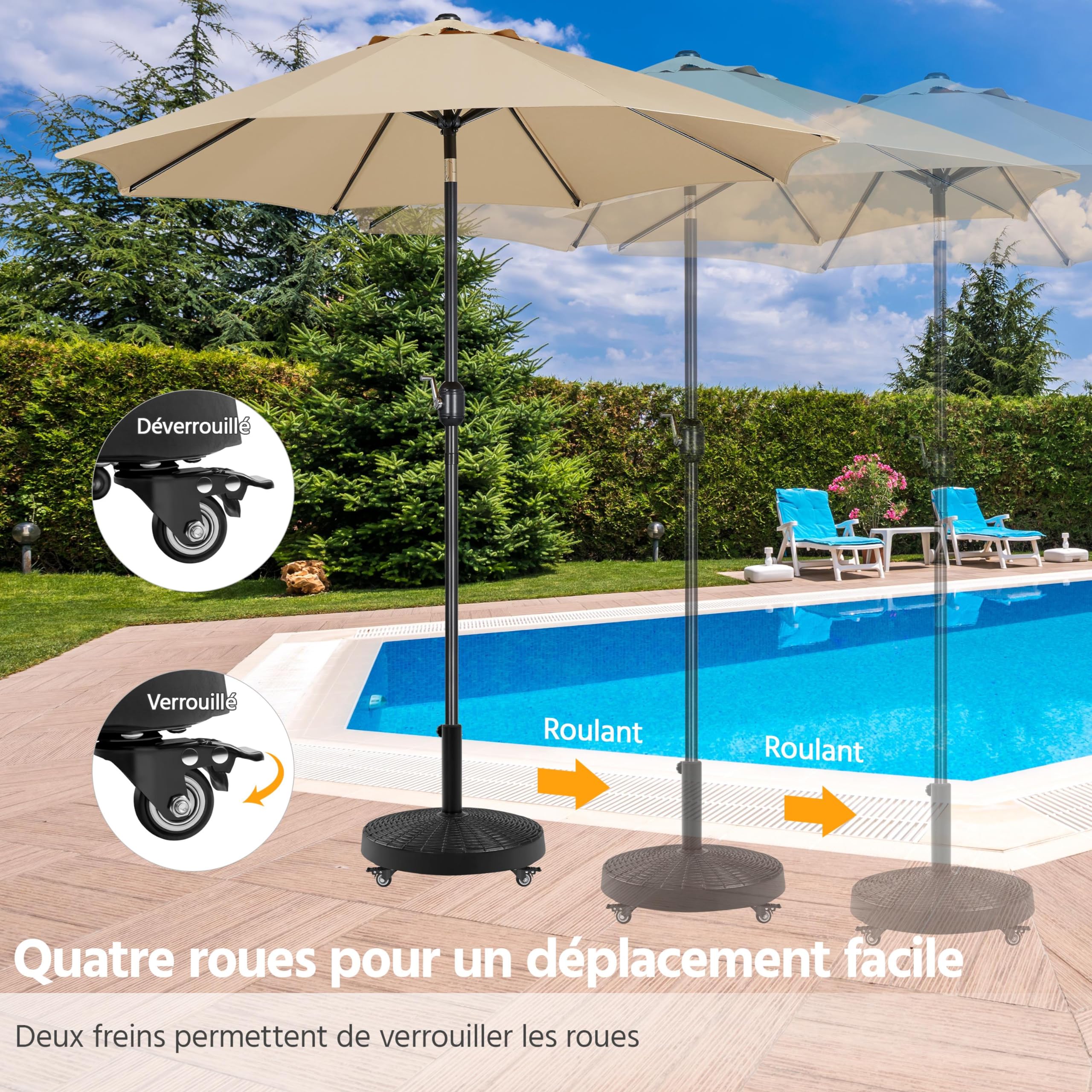 Yaheetech Pied de Parasol à roulettes 25 KG Pied de Parasol Lourd Base Parasol Imitation Rotin en Résine pour Mât de Ø 3,8 cm/ 4,8 cm du Parasol de Jardin 52 × 52 × 42 cm