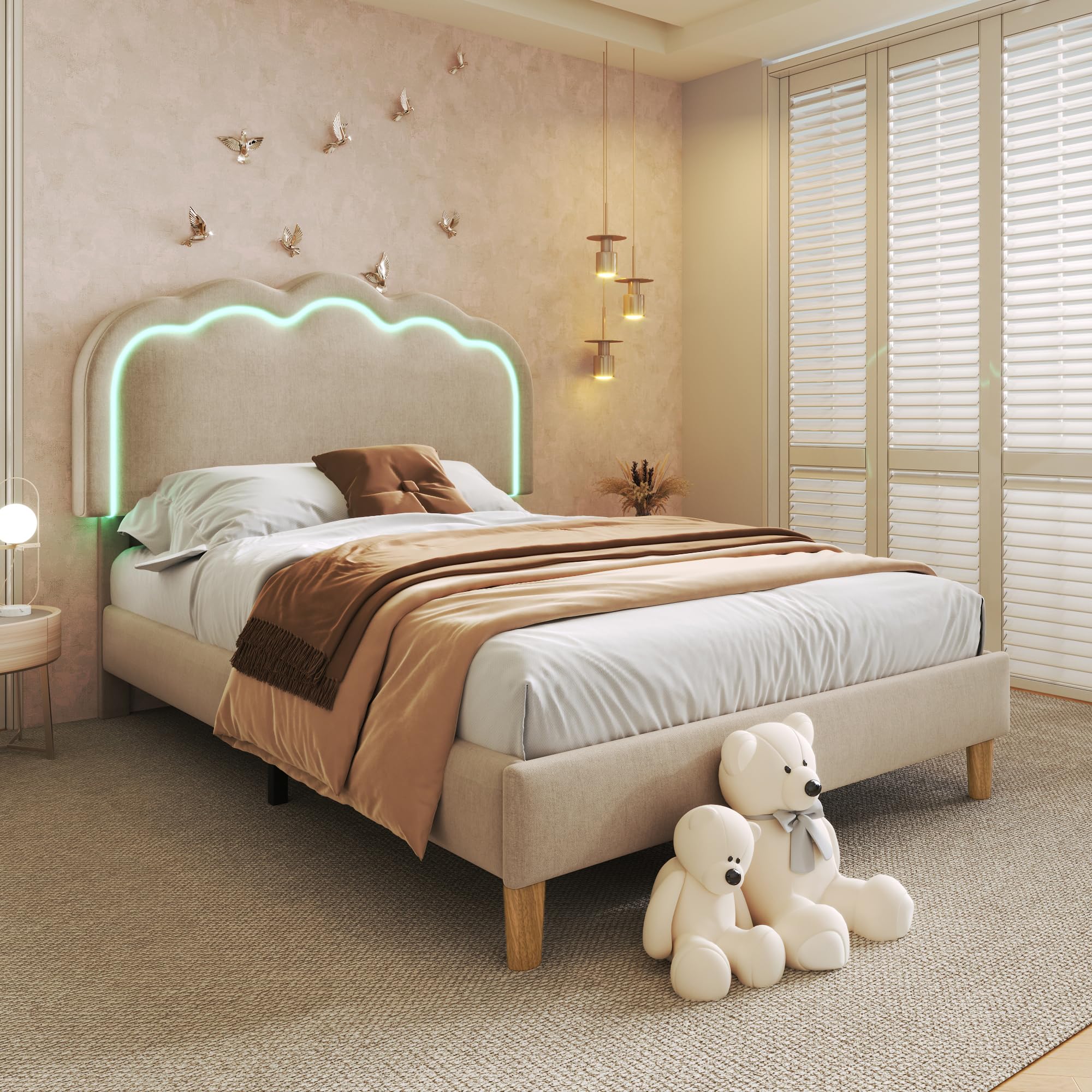Gecheer Letto con Testiera a LED, Pompon Letto Matrimoniale 90x200 cm, Rivestito in Lino Beige, con Luci LED Regolabili e Modalità Musica, Struttura Robusta, Altezza Regolabile, per Camera da Letto