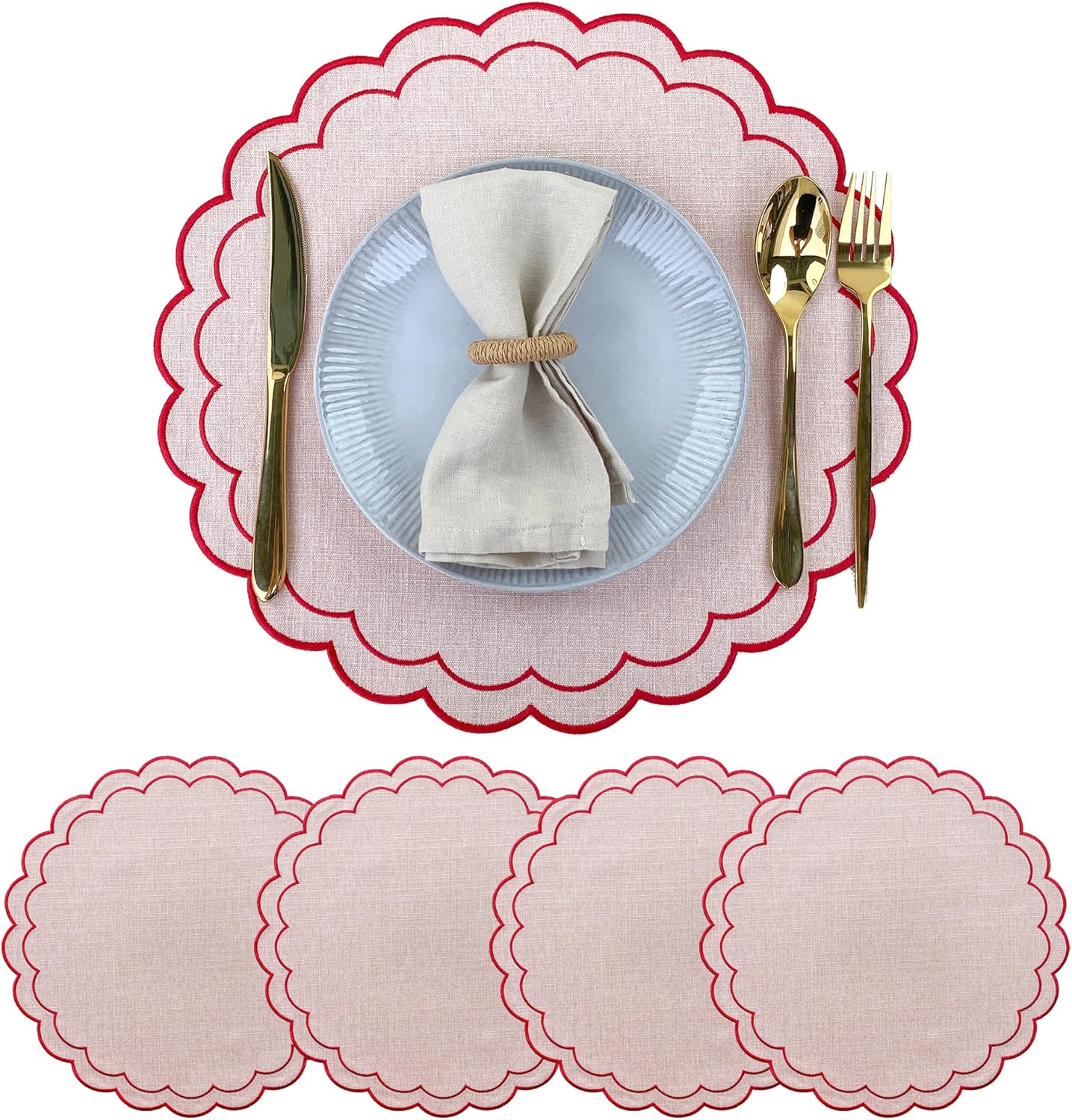 Linen Cotton Placemats Set of 4 Scalloped Flower Embroidery Place Mats 15'' Natural Linen Texture Fabric Machine Washable Table Mats for Restaurant Kitchen,Table Decor(Powder Pink)
