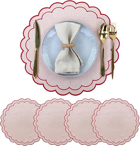 Juego de 4 manteles individuales de lino de algodón con bordado de flores festoneadas de 15 pulgadas, tela con textura de lino natural, lavables a