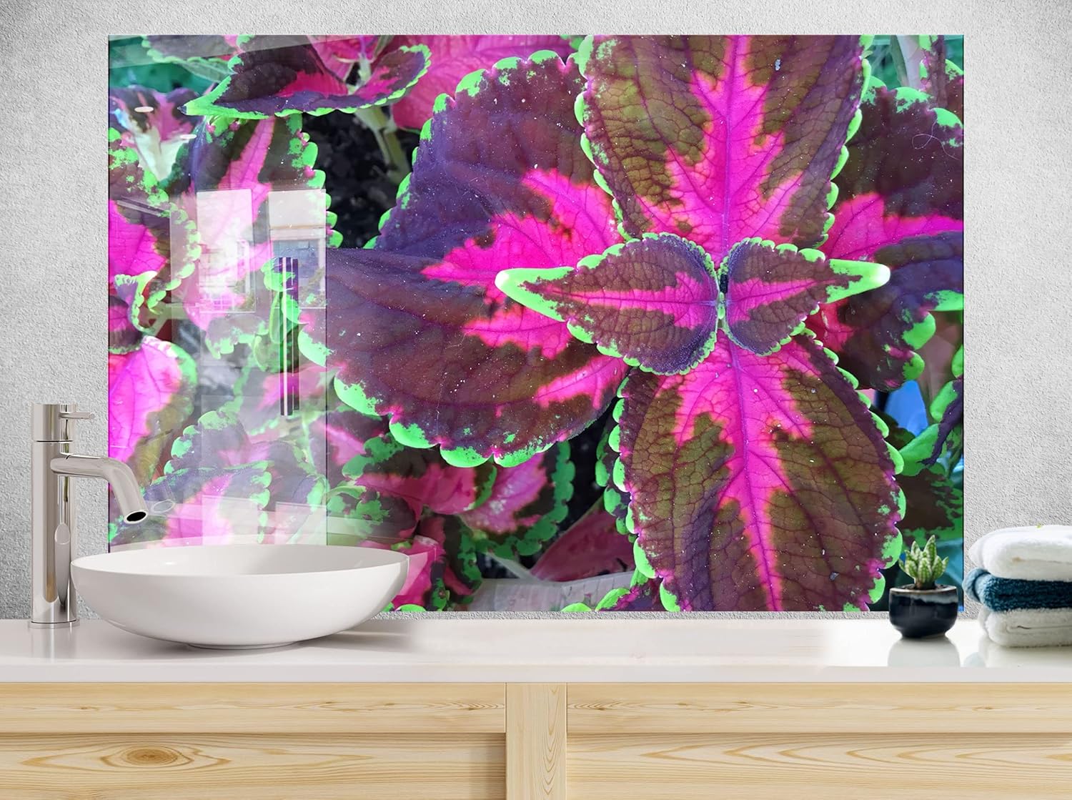 Myphotostation Tempered Glass Splashback 20x20'-Neon Leaves Backsplash Tile Design Cooker Leaf Backsplash Panel Glass Splashback for Bathroom Panel Design Leaves Splashback for Stove