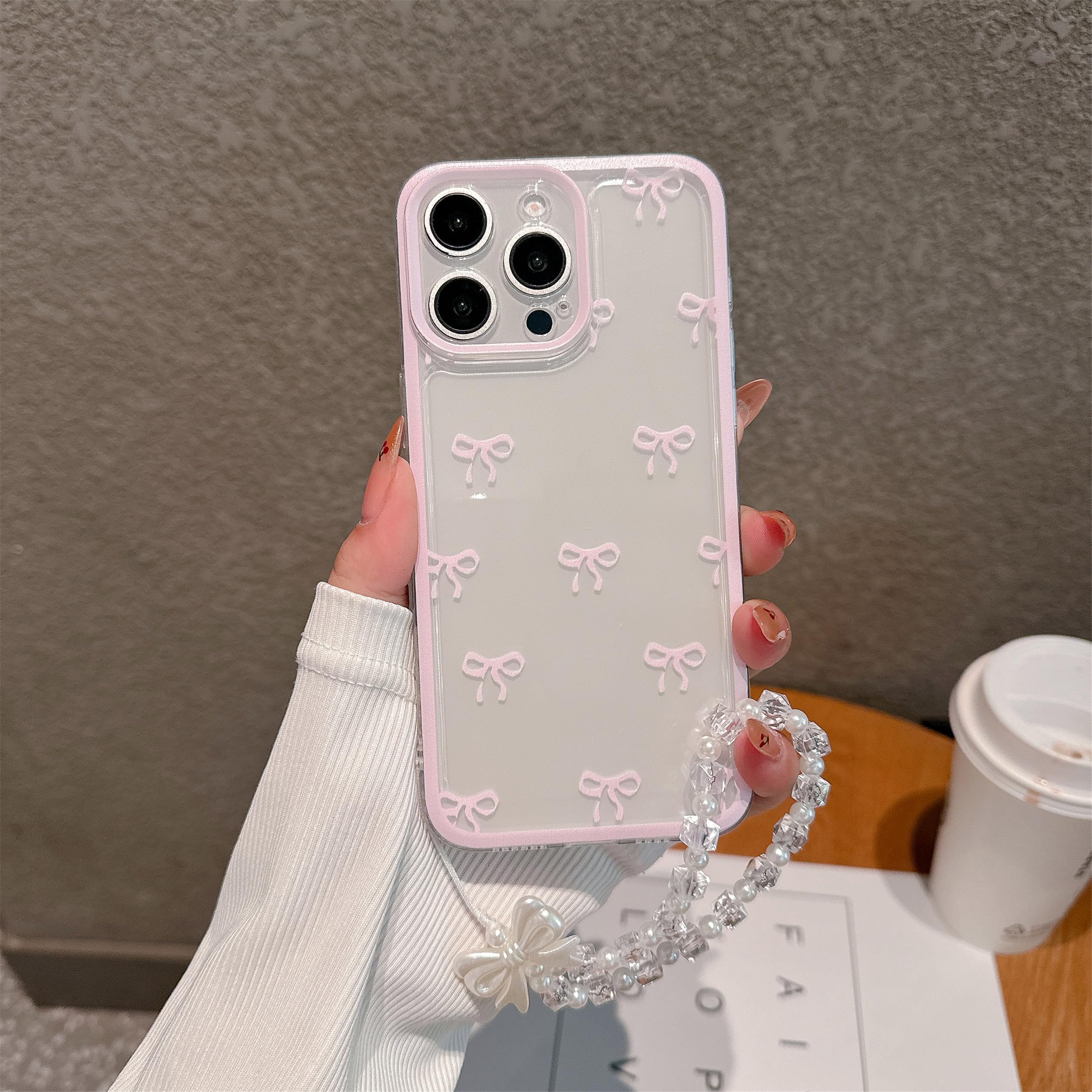 Pretaco For IPhone 16 Pro Case, [2-in-1 With Clear Beads Pearl Beaded Wristlet Bracelet] Cute Purple Bow Print, Suitable For Women & Girls