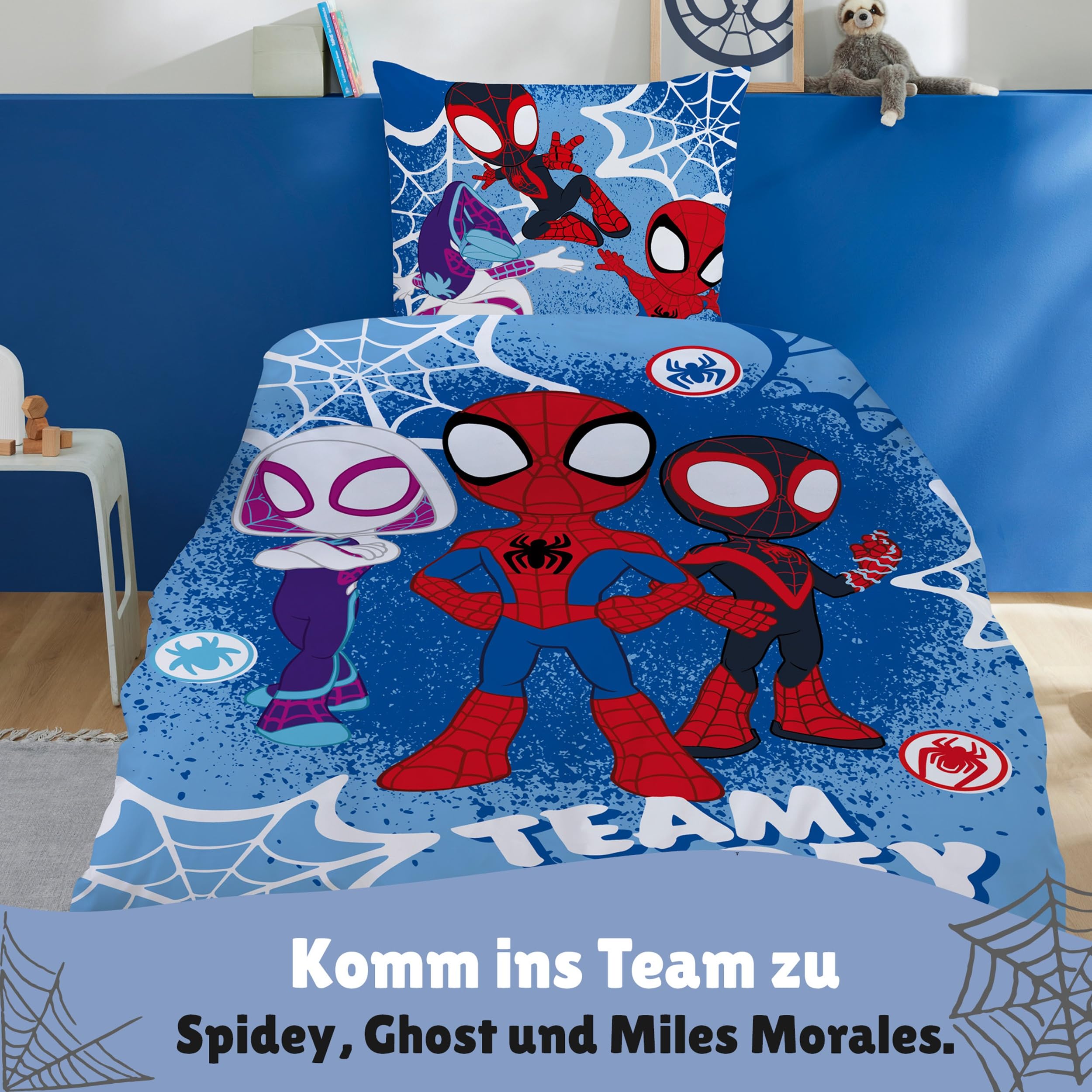 Familando – Spidey Bettwäsche-Set (2-teilig) – Decken- & Kissenbezug 135x200 cm & 80x80 cm mit Reißverschluss – Flanell aus 100% Baumwolle – Winterbettwäsche – Öko-TEX Zertifiziert