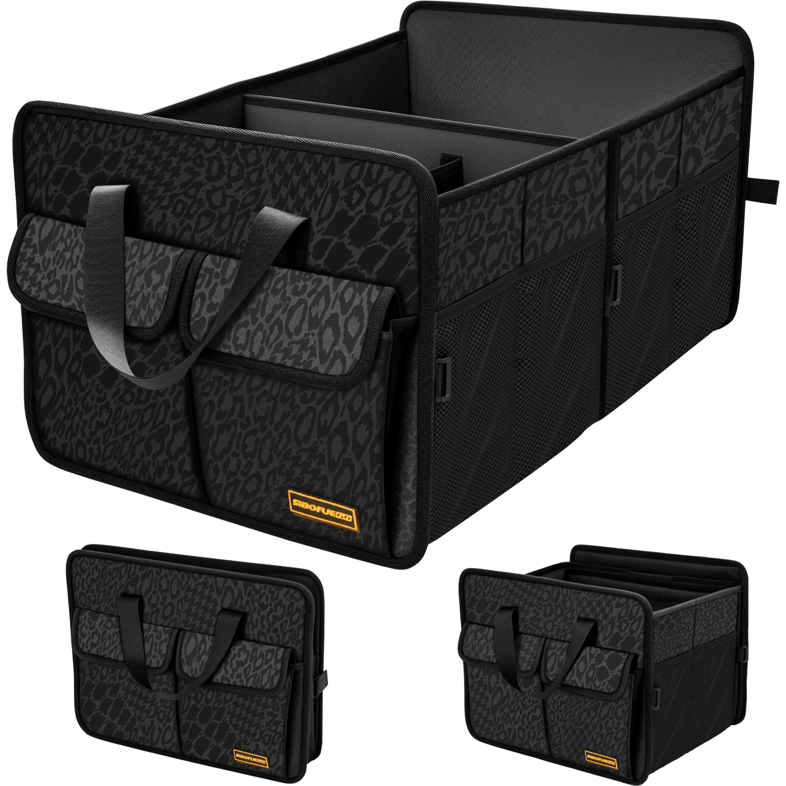 Sturdy Car Trunk Organizer – Large Capacity Trunk Organizer for SUVs & Sedans, Hard-Shell One-Piece Design with Cute Print, Collapsible and Durable Car Organizers (Black Leopard 70L)