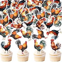 48Pcs Edible Rooster Cupcake Toppers Edible Rock Cupcake Picks for Farmyard Animal Baby Shower Boys Girls Birthday Party Cupcake Cake Decorations Rock Rooster Carnival Party Decors