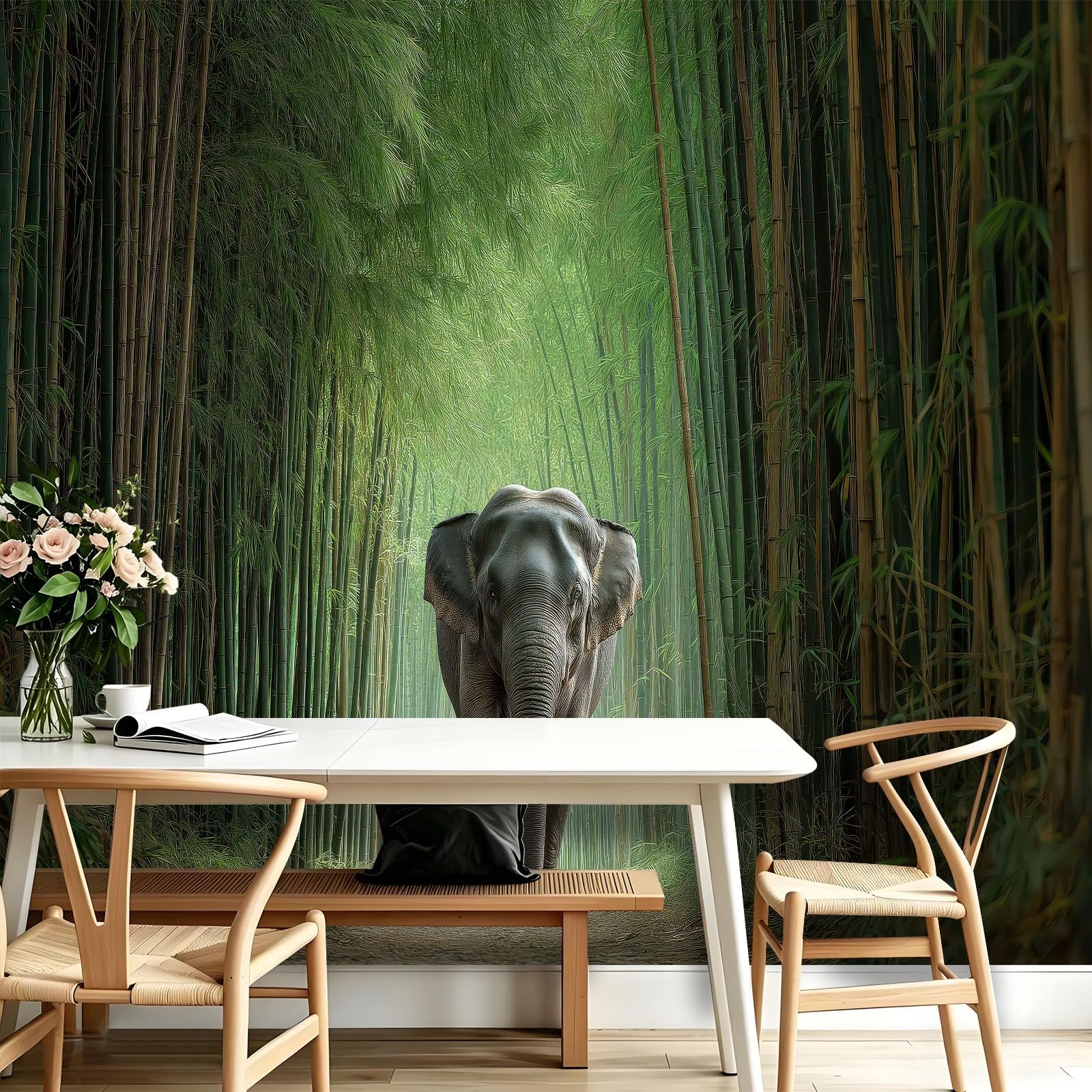 Naturalny krajobraz panoramiczna tapeta, zwierzęta słoń las bambus fototapeta z włókniny 250 x 175 cm - dekoracyjna fototapeta ścienna do salonu pokój dziecięcy restauracja kuchnia