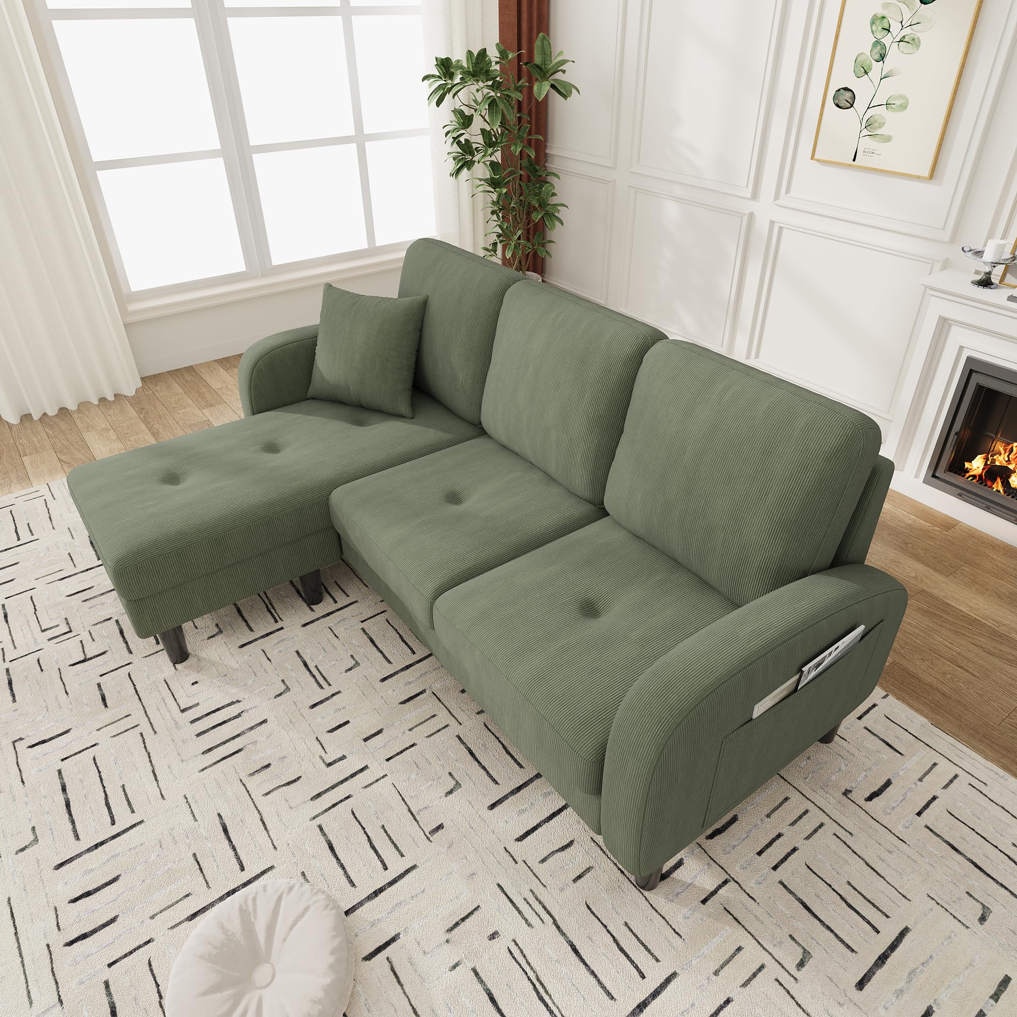 Merax L-förmiges Ecksofa 166x118x77 cm, 3-Sitzer Sofa mit Chaiselongue, Modulares Wohnzimmer-Sofa aus atmungsaktivem Cordstoff, Komfortables Apartment- und Bürosofa, Grün