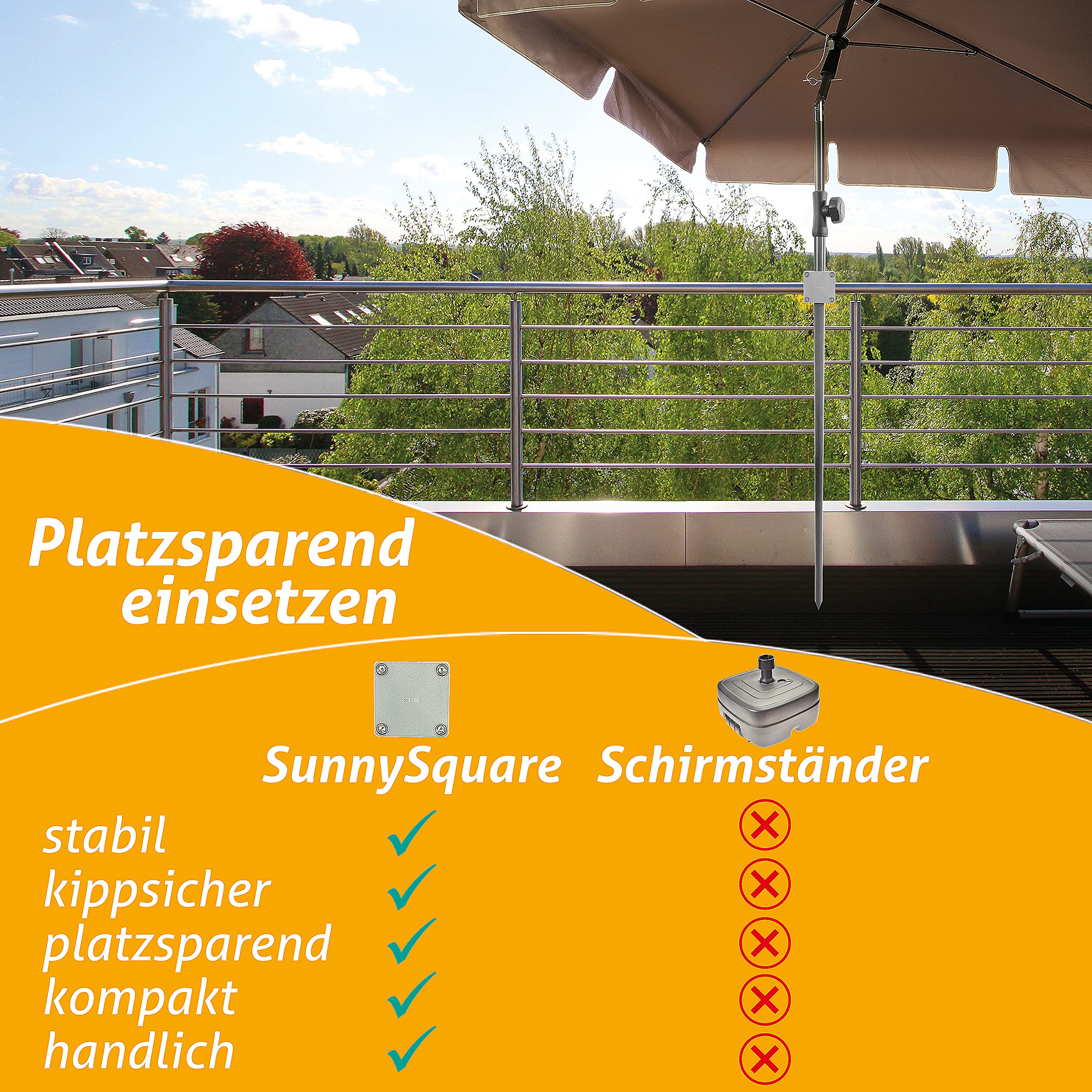 4smile Sonnenschirmhalter Balkongeländer aus Aluminium, Silber