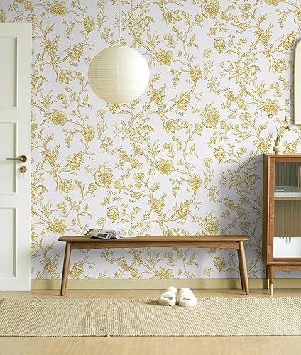 Miniatura 6 de Safiyya Papel tapiz dorado y blanco de 393 x 17.3 pulgadas, papel de contacto con pájaros florales, papel tapiz autoadhesivo dorado extraíble para